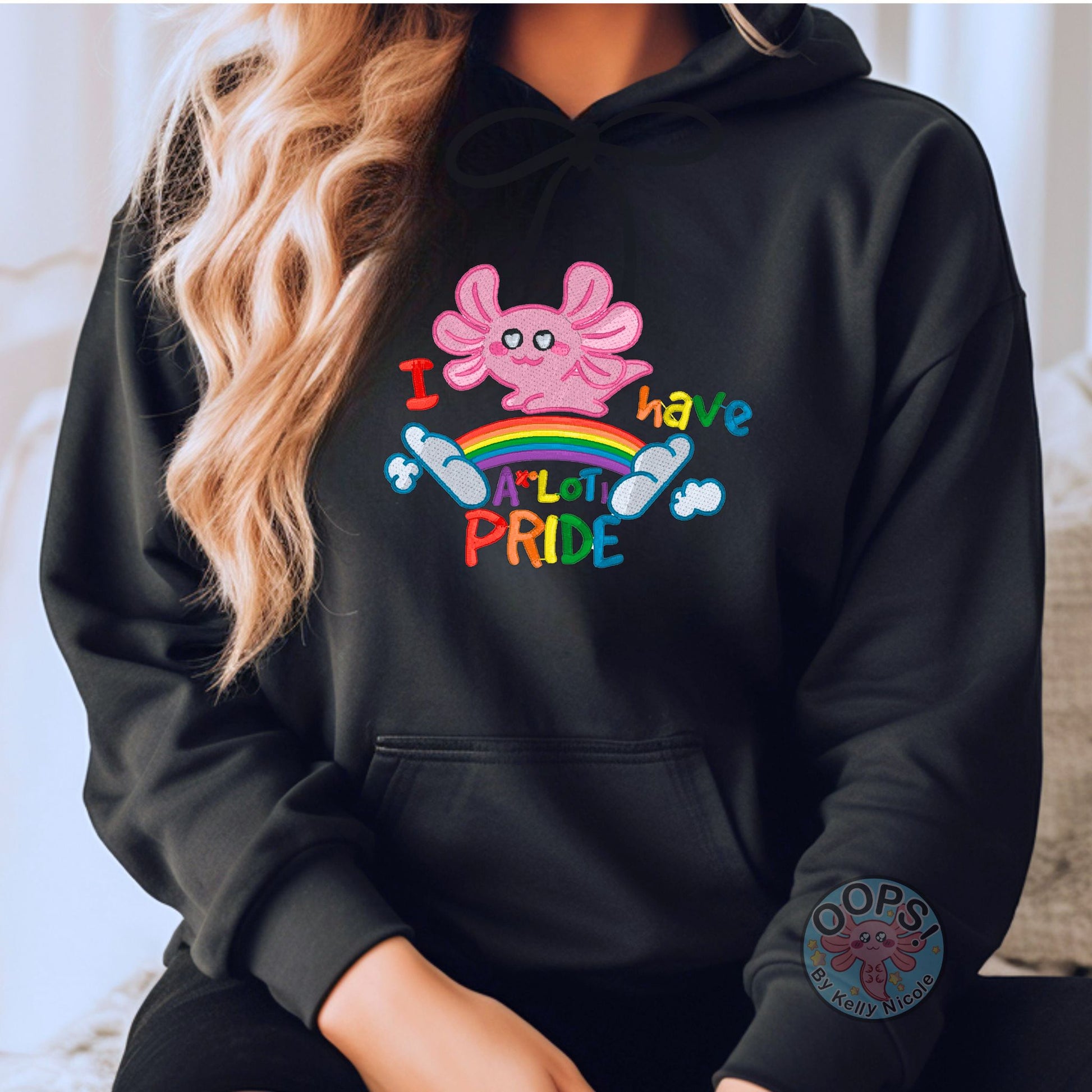 Embroidered "Axolotl PRIDE" Rainbow LGBTQIA+ Unisex 1 Custom Hoodie in Black. Order yours today at https://oopsbykellynicole.com.