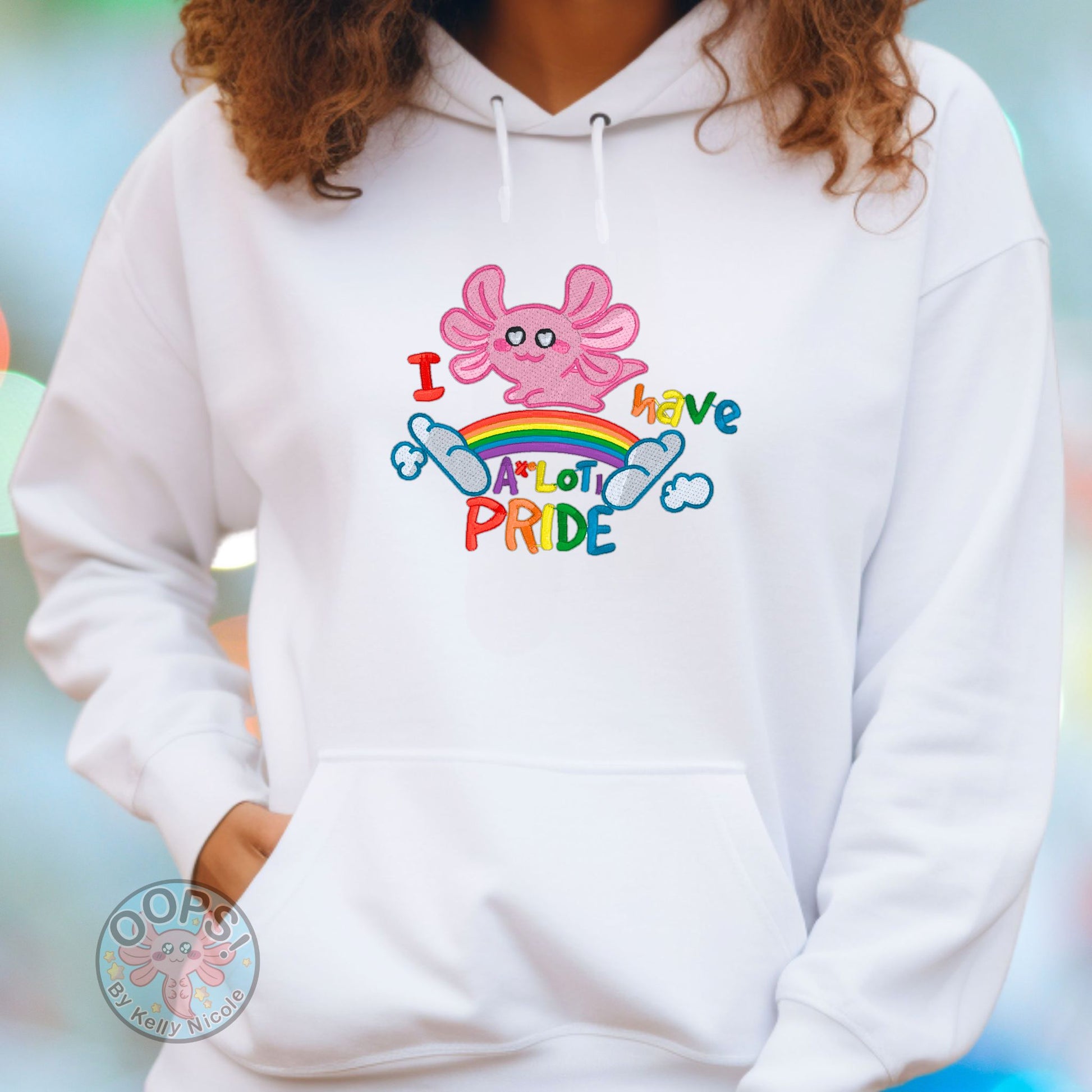 Embroidered "Axolotl PRIDE" Rainbow LGBTQIA+ Unisex Custom Hoodie in White. Order yours today at https://oopsbykellynicole.com.