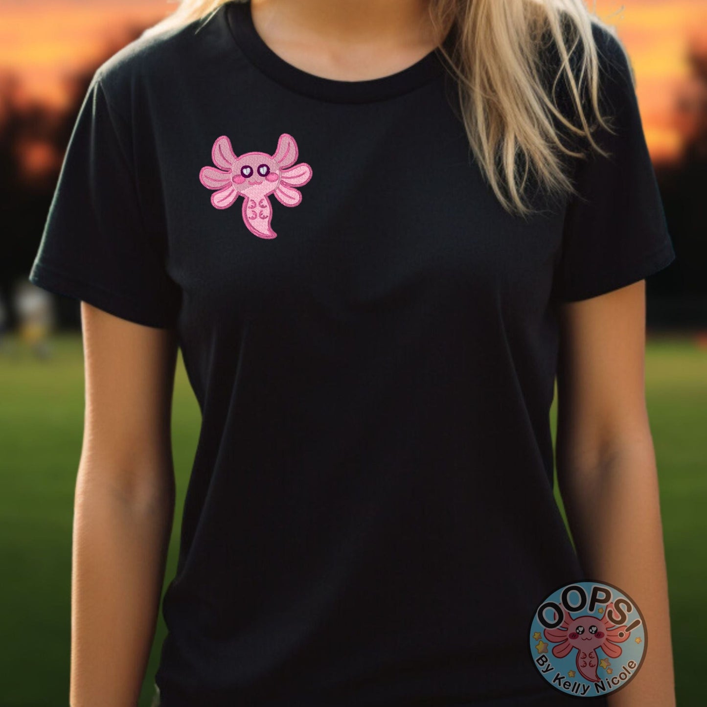 SPUD THE AXOLOTL in pink Embroidered Heavyweight Unisex Comfort Colors T-shirt iN BLACK Shop online today to get yours at HTTPS://OOPSBYKELLYNICOLE.COM 