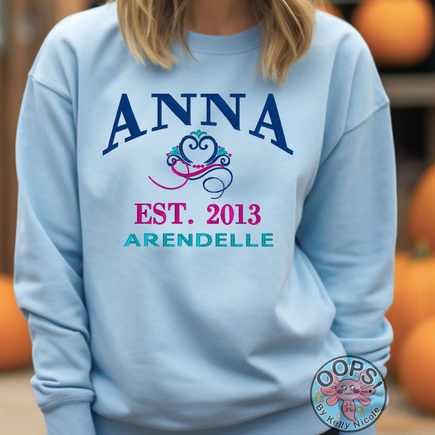 “ANNA”  Disney Princess  Embroidered  Heavyweight Unisex Sweatshirt in BLUE.  Shop online today to get yours at HTTPS://OOPSBYKELLYNICOLE.COM 