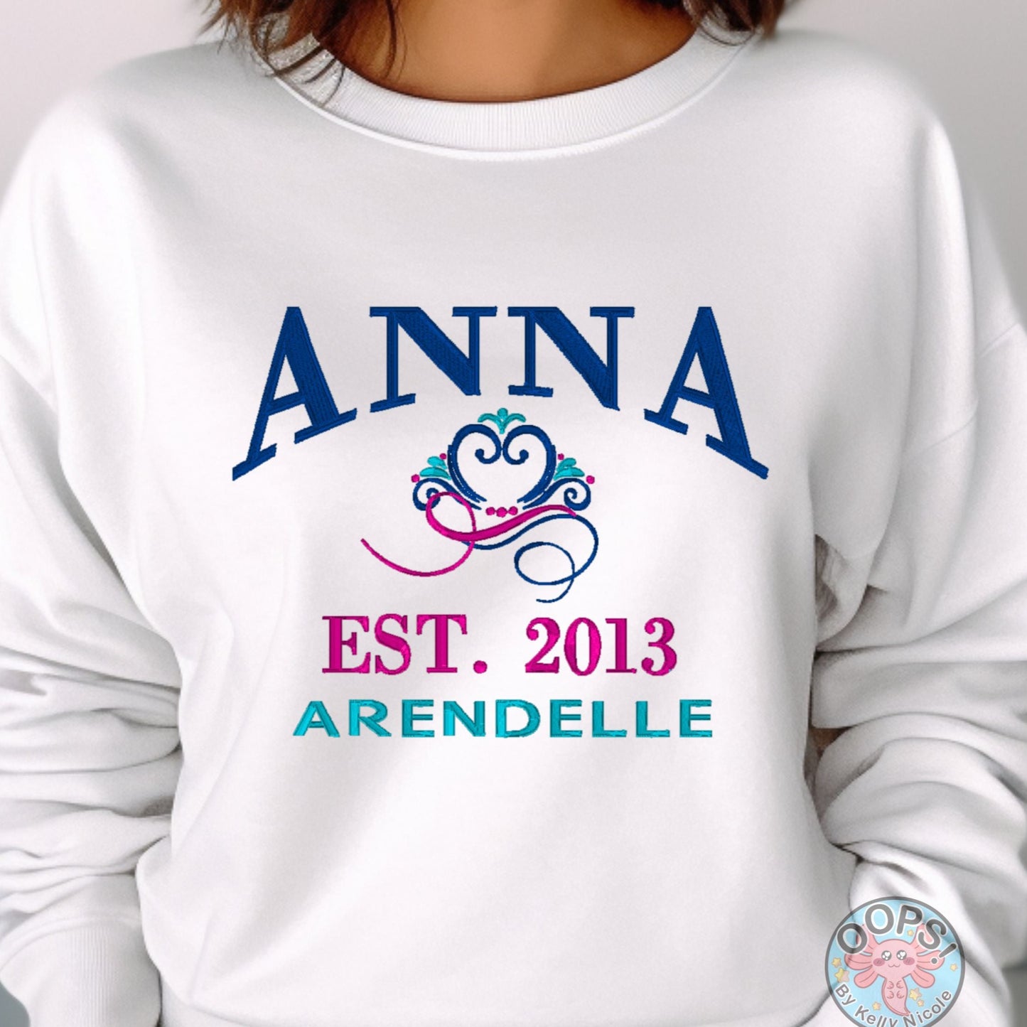 “ANNA”  Disney Princess  Embroidered  Heavyweight Unisex Sweatshirt in WHITE.  Shop online today to get yours at HTTPS://OOPSBYKELLYNICOLE.COM 