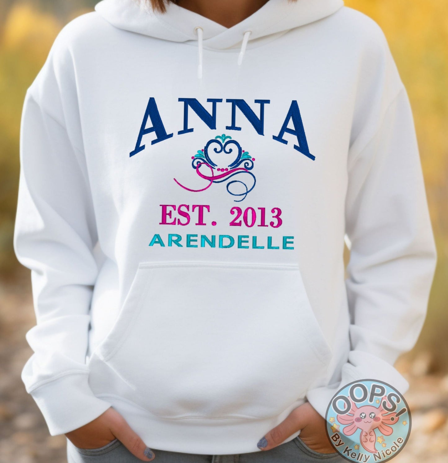 “ANNA”  Disney Princess  Embroidered   Embroidered Heavyweight Unisex Hoodie in WHITE.  Shop online today to get yours at HTTPS://OOPSBYKELLYNICOLE.COM 