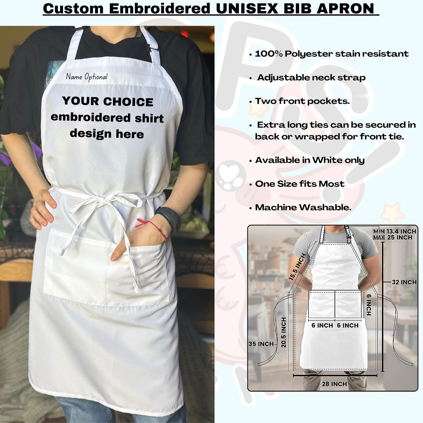 Personalized Custom-Embroidered Unisex Bib-Apron. Perfect personalized gift for self, family and friends