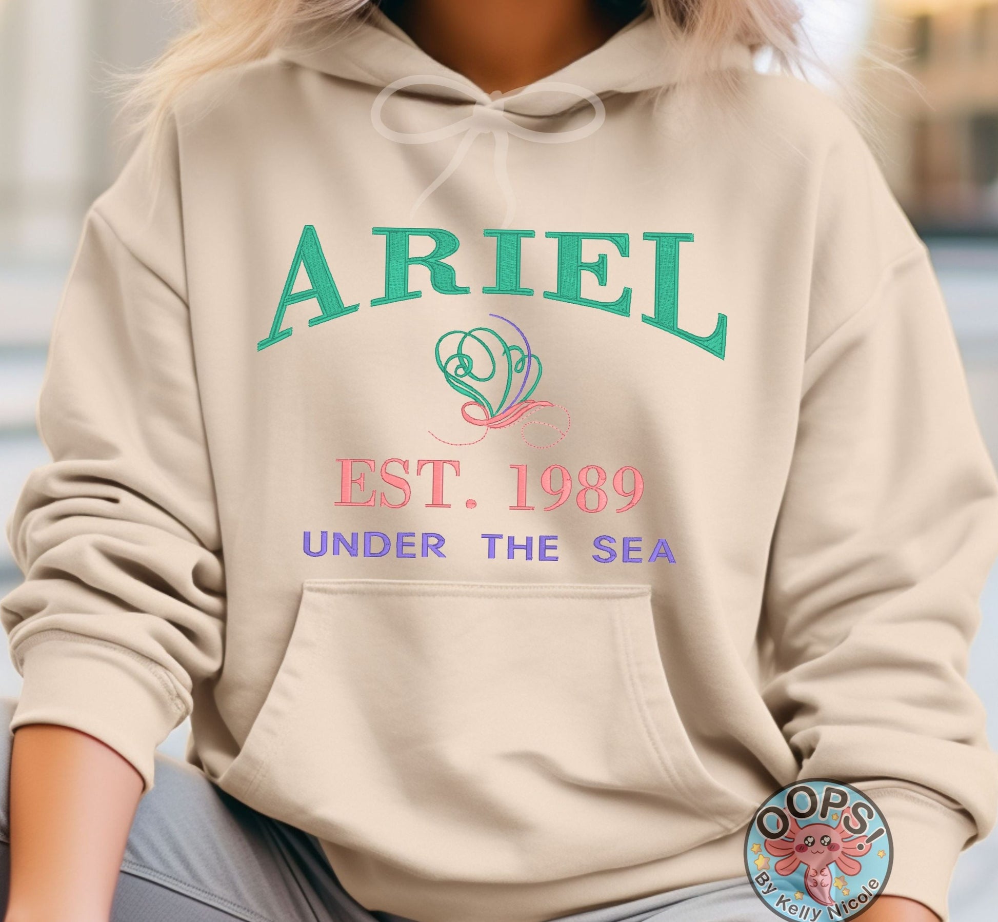 “ARIEL”  Disney Princess  Embroidered   Embroidered Heavyweight Unisex Hoodie in SAND.  Shop online today to get yours at HTTPS://OOPSBYKELLYNICOLE.COM 