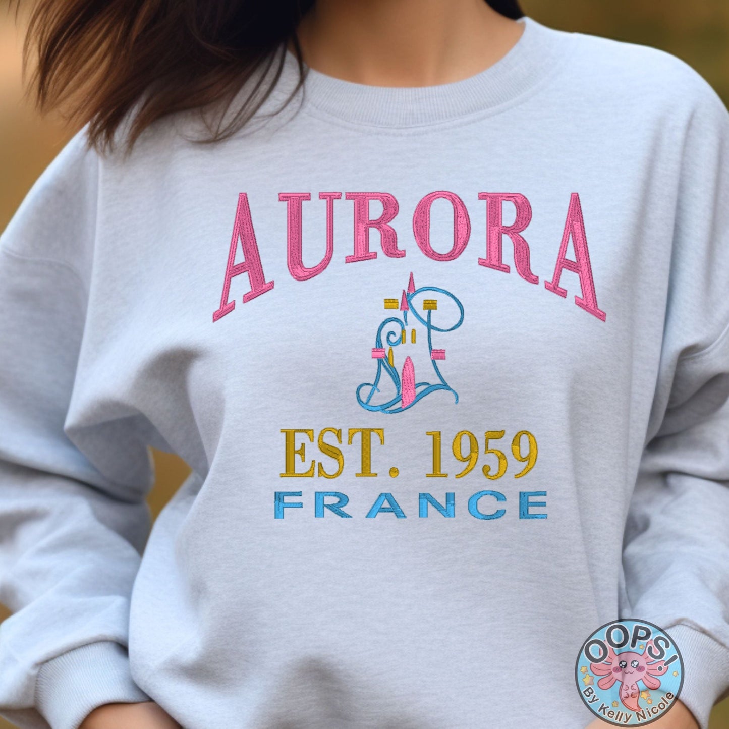 “AURORA”  Disney Princess  Embroidered  Heavyweight Unisex Sweatshirt in ASH.  Shop online today to get yours at HTTPS://OOPSBYKELLYNICOLE.COM 