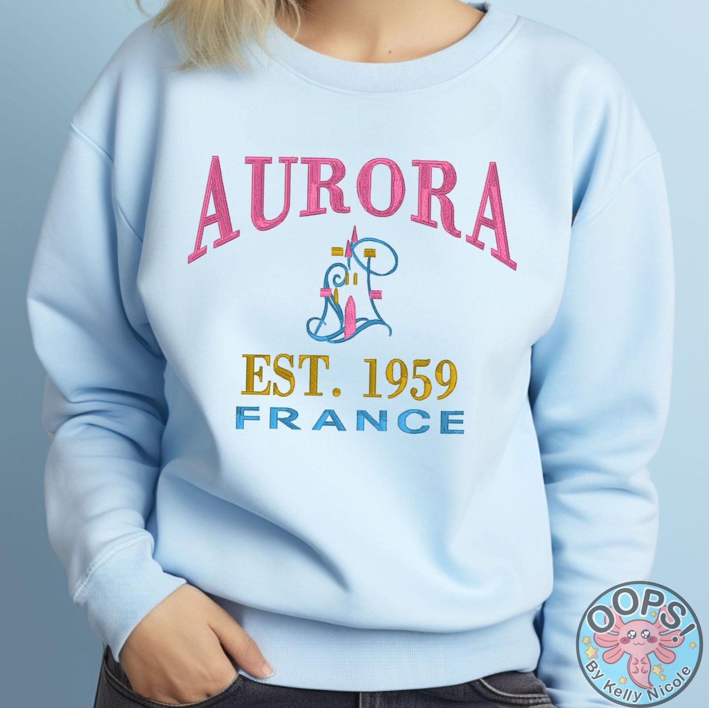 “AURORA”  Disney Princess  Embroidered  Heavyweight Unisex Sweatshirt in BLUE.  Shop online today to get yours at HTTPS://OOPSBYKELLYNICOLE.COM 