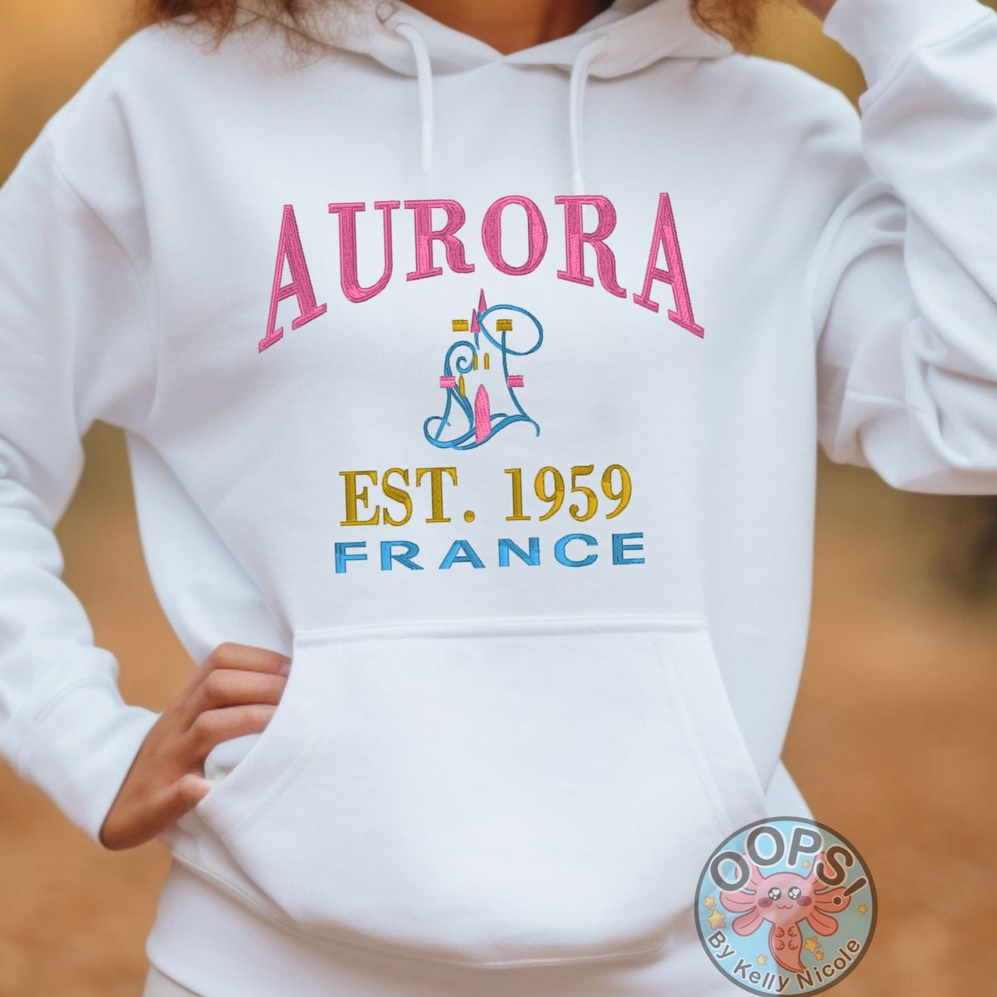 “AURORA”  Disney Princess  Embroidered   Embroidered Heavyweight Unisex Hoodie in WHITE.  Shop online today to get yours at HTTPS://OOPSBYKELLYNICOLE.COM 