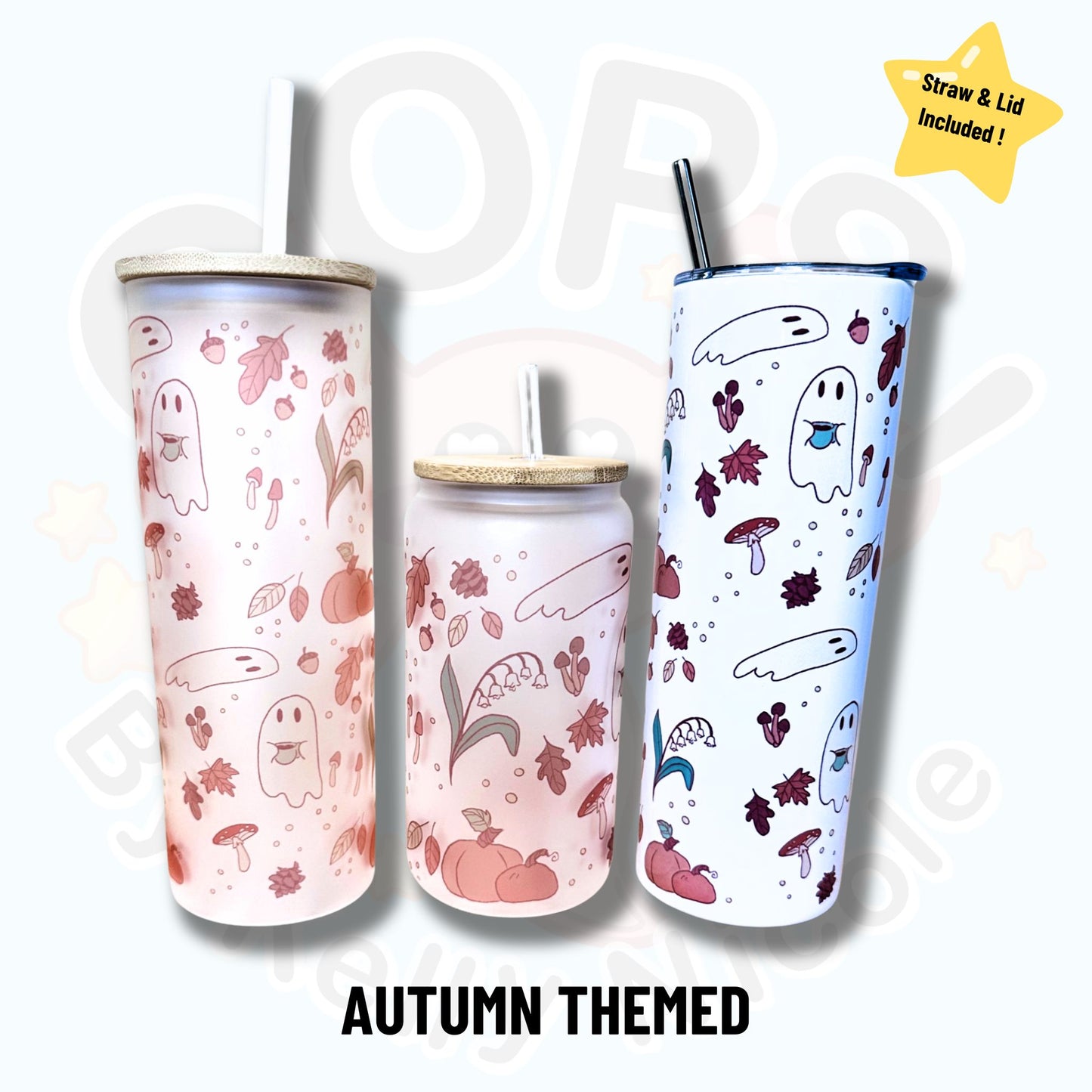 “Autumn Ghost” Custom Tumbler.  20 oz, 16 oz Frosted glass or stainless Steel Insulated Coffee Tumbler for daily use or Gift.