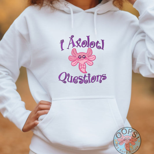 AXOLOTL QUESTIONS PINK AXOLOTL  Embroidered Heavyweight Unisex Hoodie in WHITE.  Shop online today to get yours at HTTPS://OOPSBYKELLYNICOLE.COM 