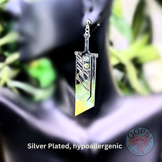 Pendientes Buster Sword Drop, Pendientes personalizados inspirados en Final Fantasy VII, Gemas Preciosa, Joyería de videojuegos hipoalergénica plateada