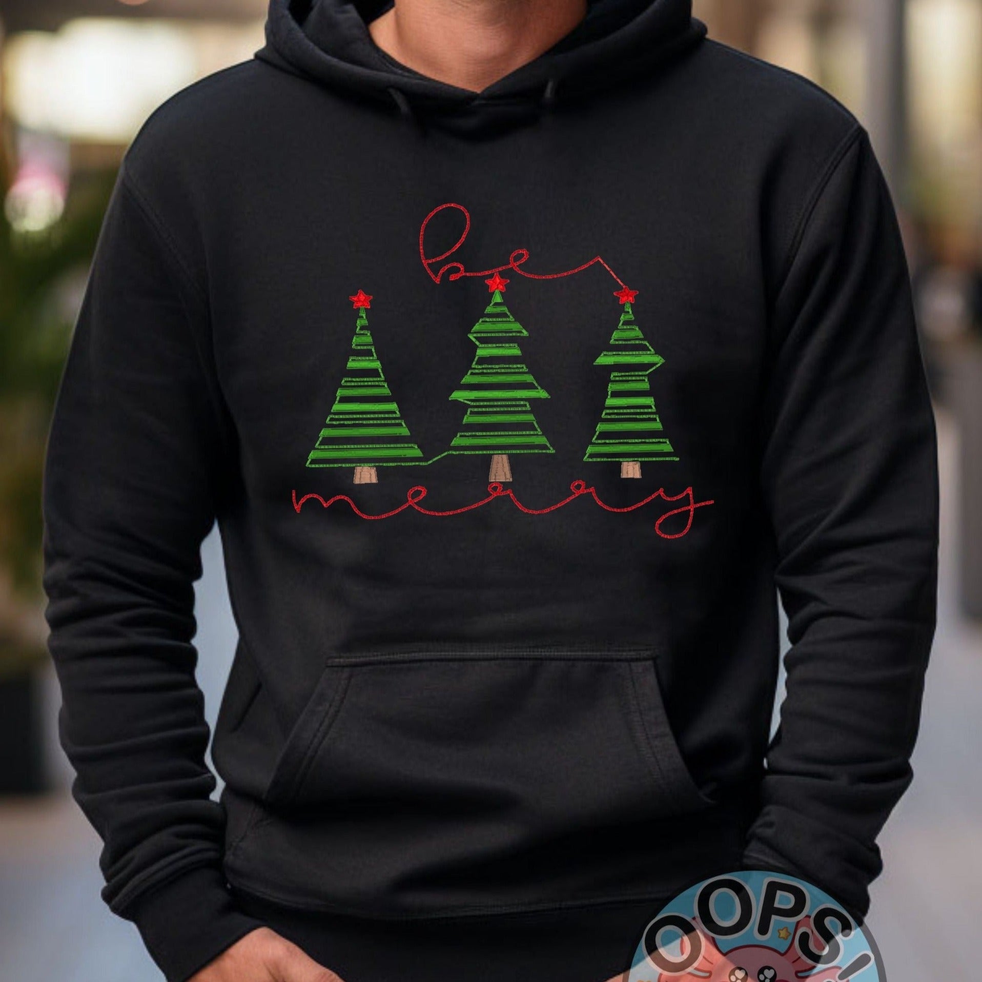  "Be Merry" Festive Holiday Tree  Embroidered Heavyweight Unisex Hoodie in BLACK.  Shop online today to get yours at HTTPS://OOPSBYKELLYNICOLE.COM 