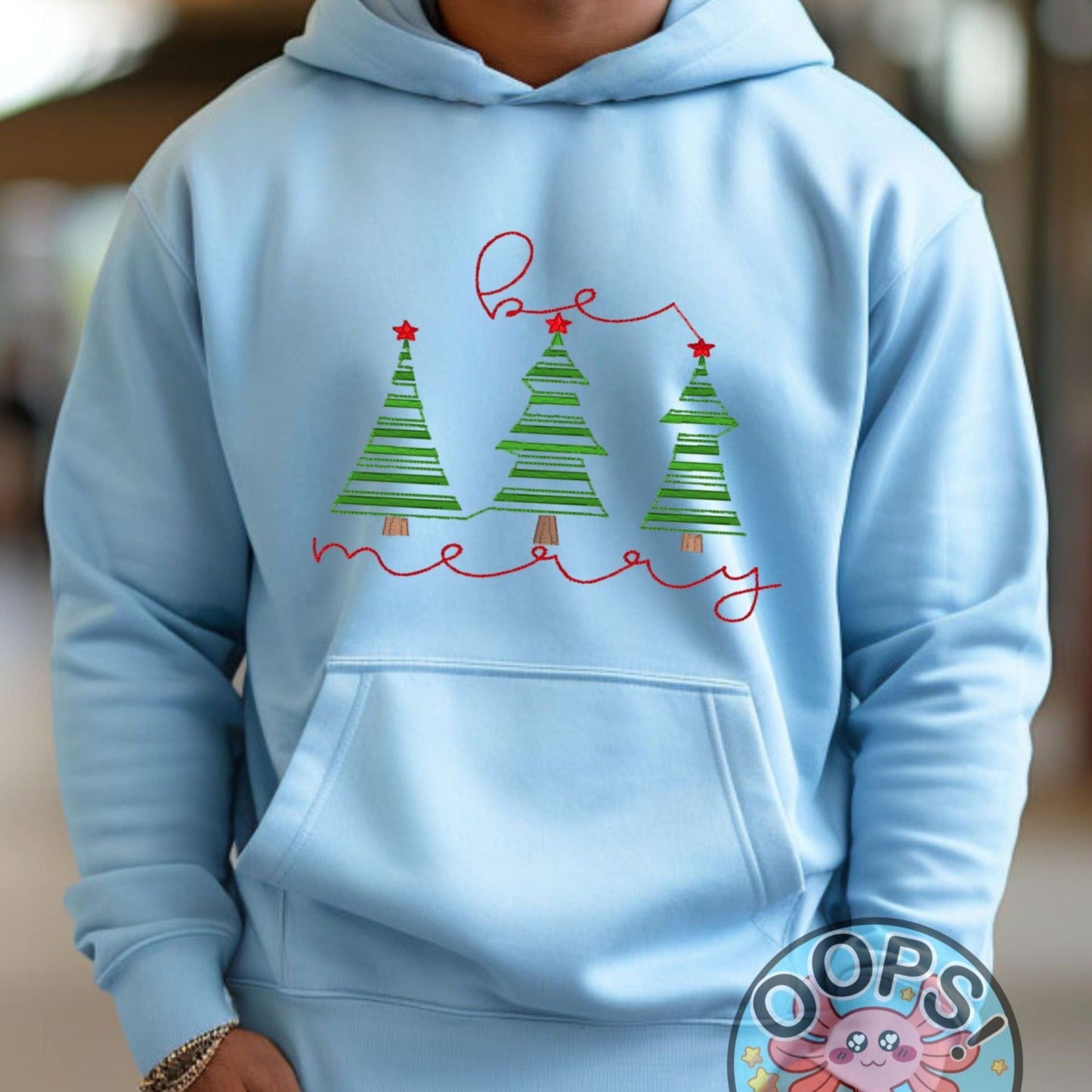  "Be Merry" Festive Holiday Tree  Embroidered Heavyweight Unisex Hoodie in BLUE.  Shop online today to get yours at HTTPS://OOPSBYKELLYNICOLE.COM 