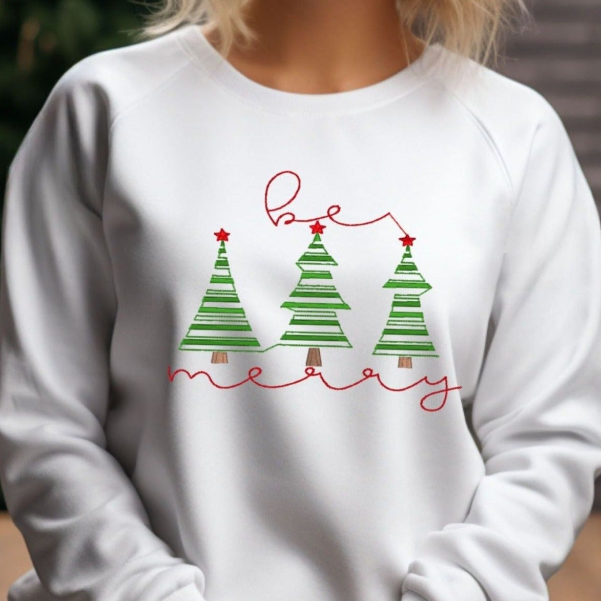  "Be Merry" Festive Holiday Tree  Embroidered Heavyweight Unisex Sweatshirt in WHITE  Shop online today to get yours at HTTPS://OOPSBYKELLYNICOLE.COM 