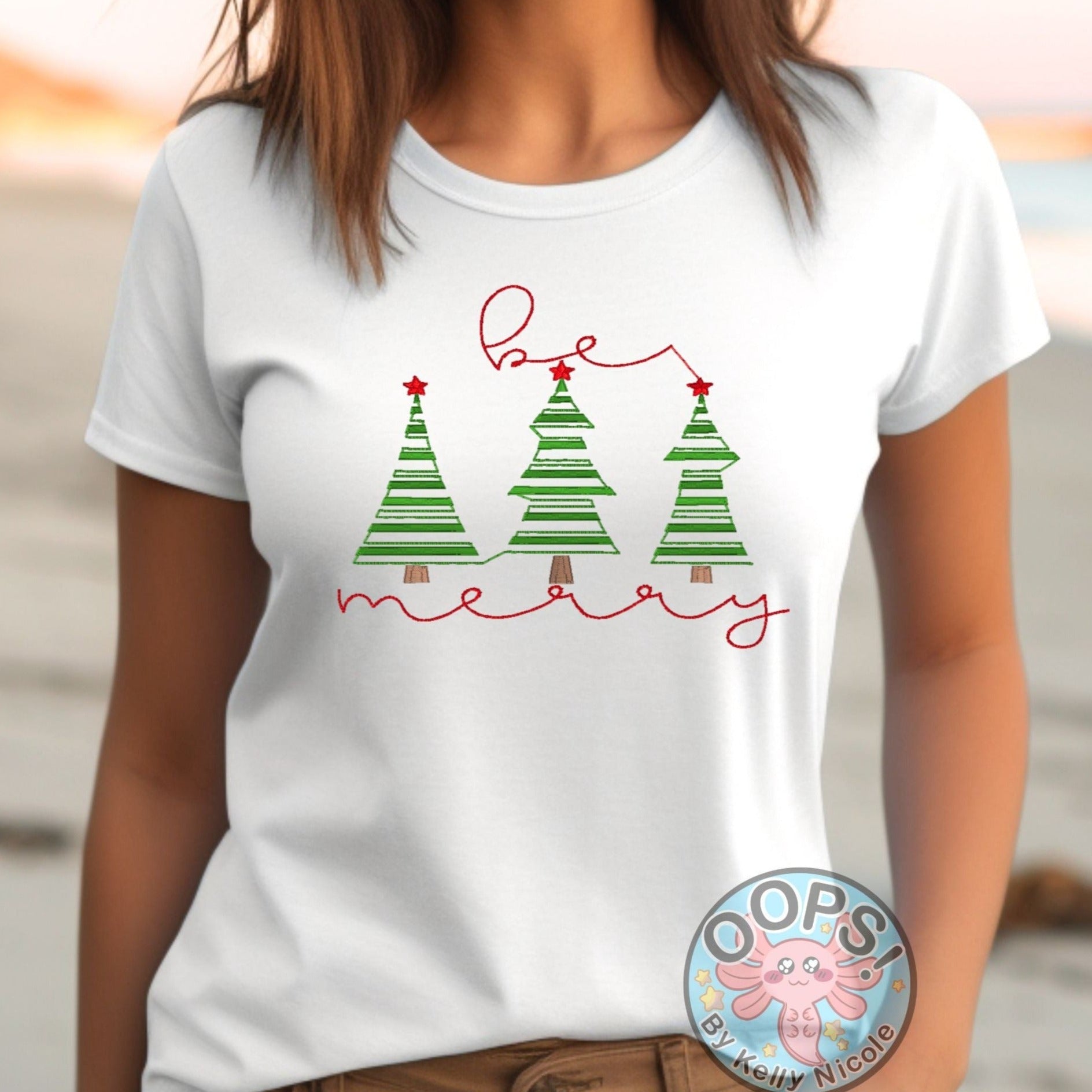  "Be Merry" Festive Holiday Tree  Embroidered Heavyweight Unisex Comfort Colors T-shirt iN WHITE Shop online today to get yours at HTTPS://OOPSBYKELLYNICOLE.COM 