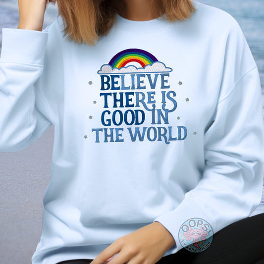 Embroidered “Be the Good” Inspirational Unisex Sweatshirt in Blue.  Order yours today at https://oopsbykellynicole.com.