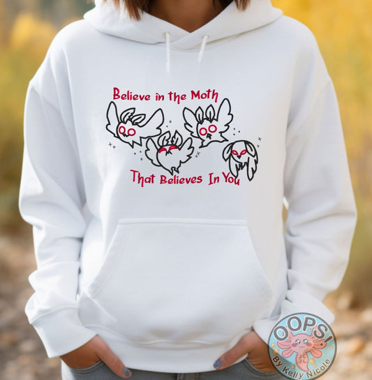 Believe in the Moth, Mothman Cryptid  Embroidered Heavyweight Unisex Hoodie in WHITE.  Shop online today to get yours at HTTPS://OOPSBYKELLYNICOLE.COM 