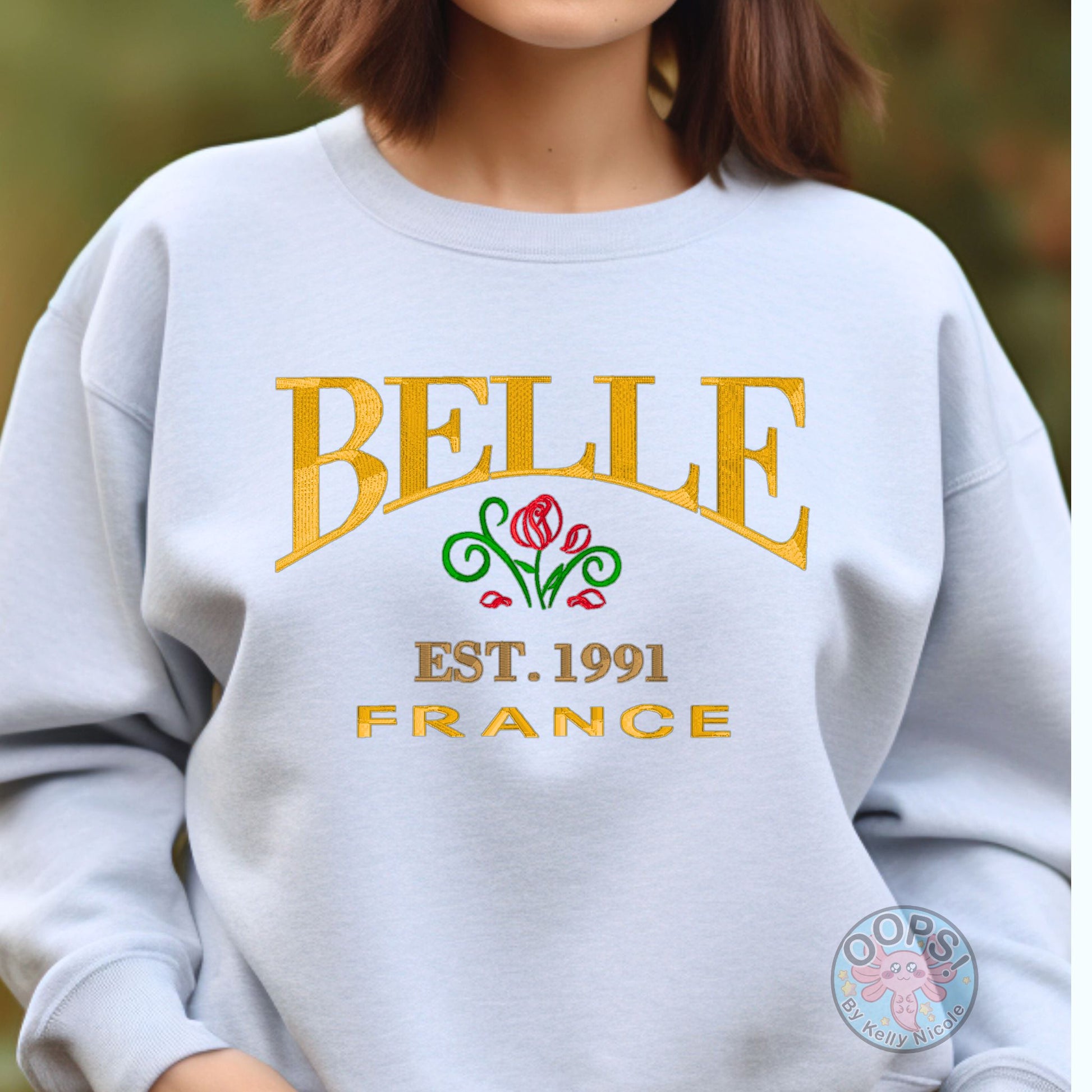 “BELLE” Disney Princess Beauty and the Beast, Embroidered Heavyweight Unisex Sweatshirt in Ash. Shop online today to get yours at HTTPS://OOPSBYKELLYNICOLE.COM