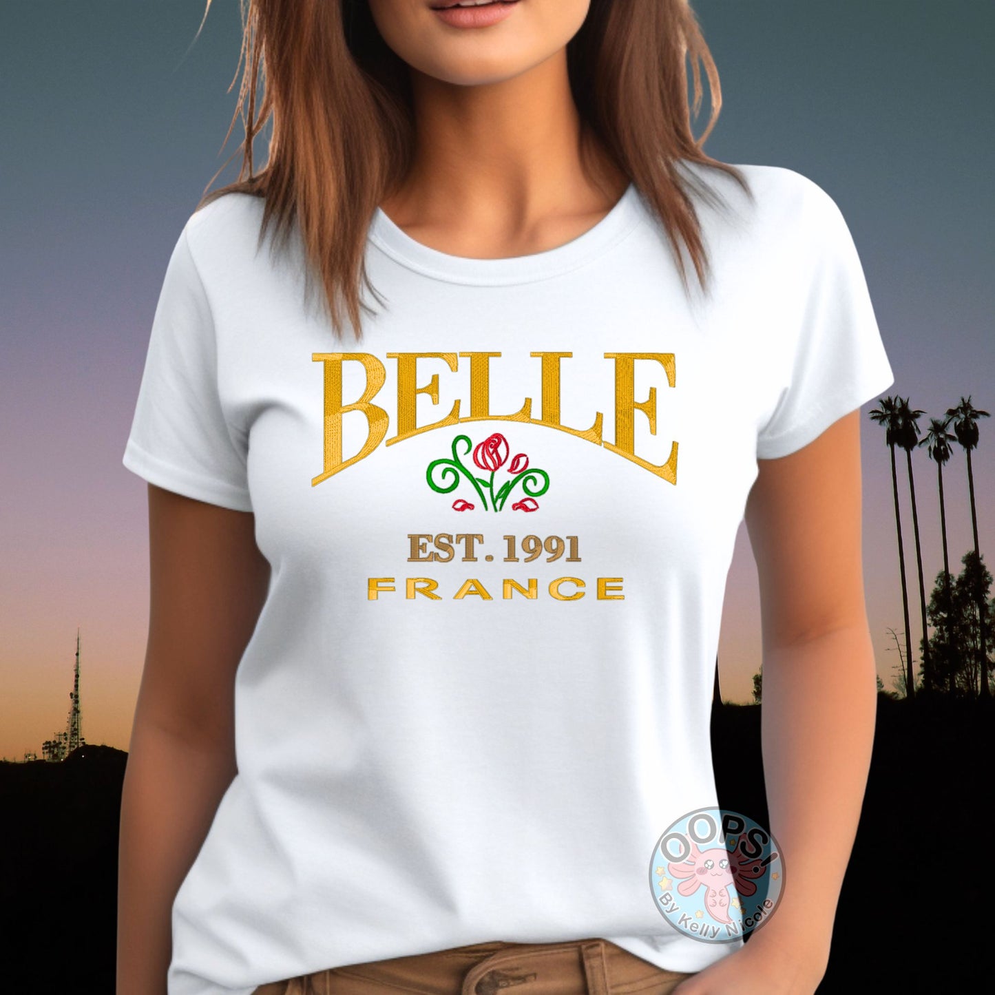 “BELLE” Disney Princess Beauty and the Beast, Embroidered Heavyweight Unisex T-shirt in White. Shop online today to get yours at HTTPS://OOPSBYKELLYNICOLE.COM