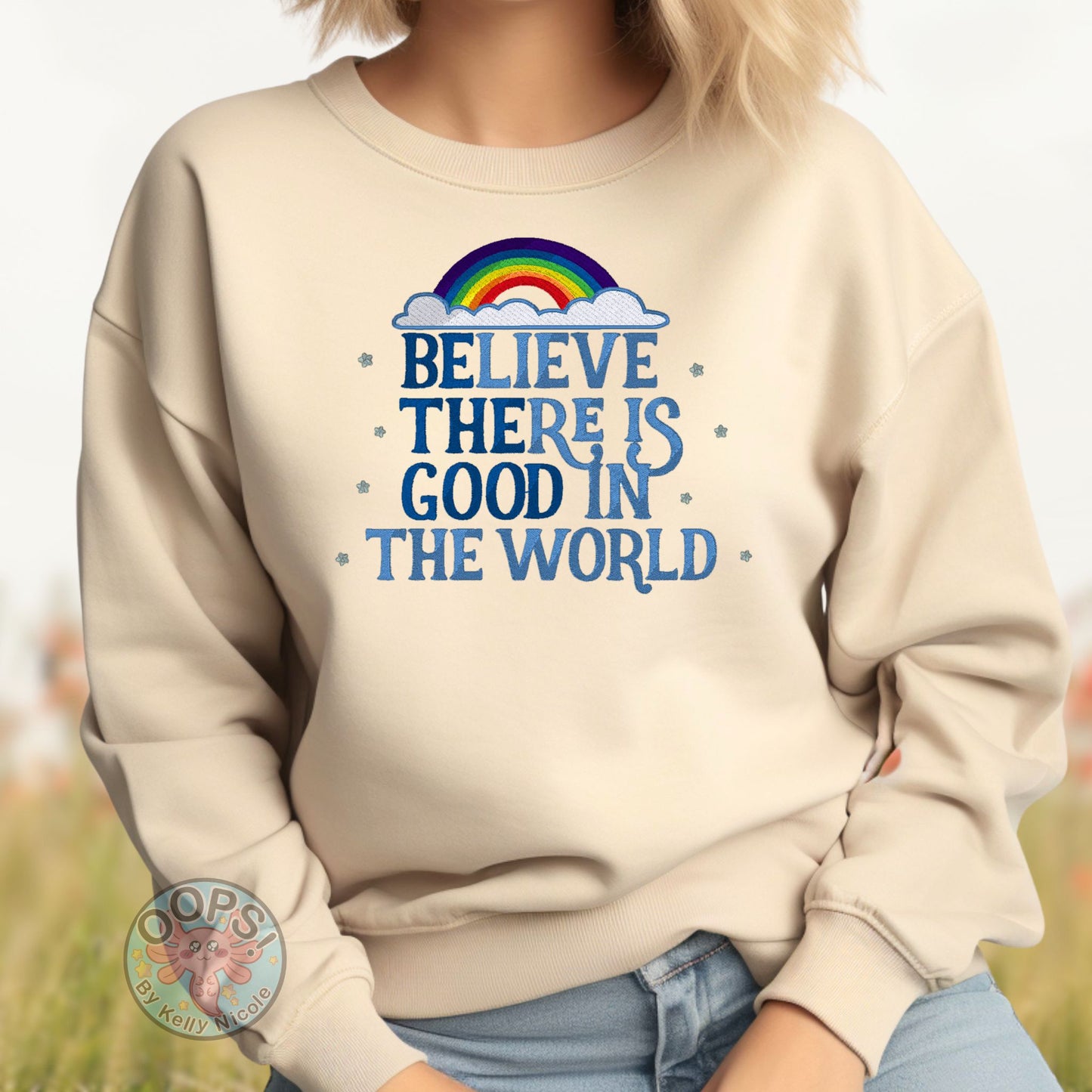 Embroidered “Be the Good” Inspirational Unisex Sweatshirt in Sand.  Order yours today at https://oopsbykellynicole.com.