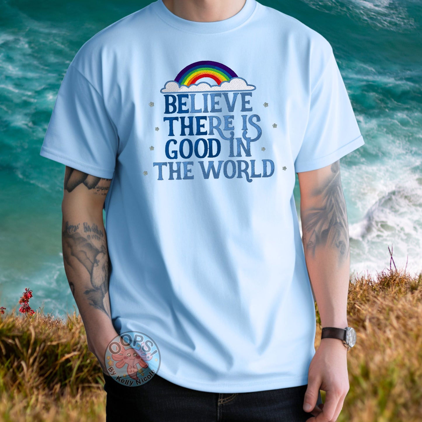 Embroidered “Be the Good” Inspirational Unisex T-Shirt  in Blue.  Order yours today at https://oopsbykellynicole.com.