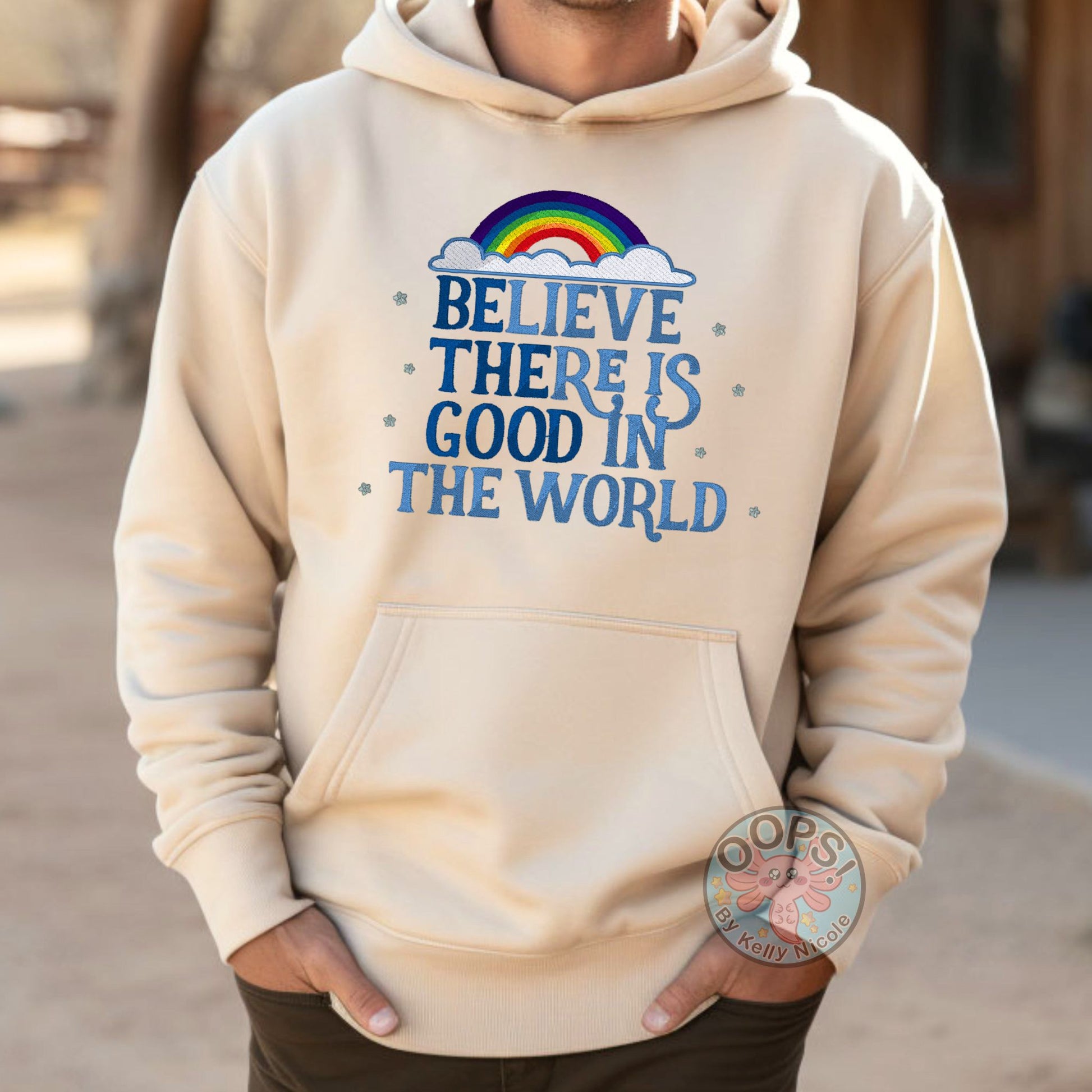 Embroidered “Be the Good” Inspirational Unisex Sweatshirt Hoodie  in Sand.  Order yours today at https://oopsbykellynicole.com.