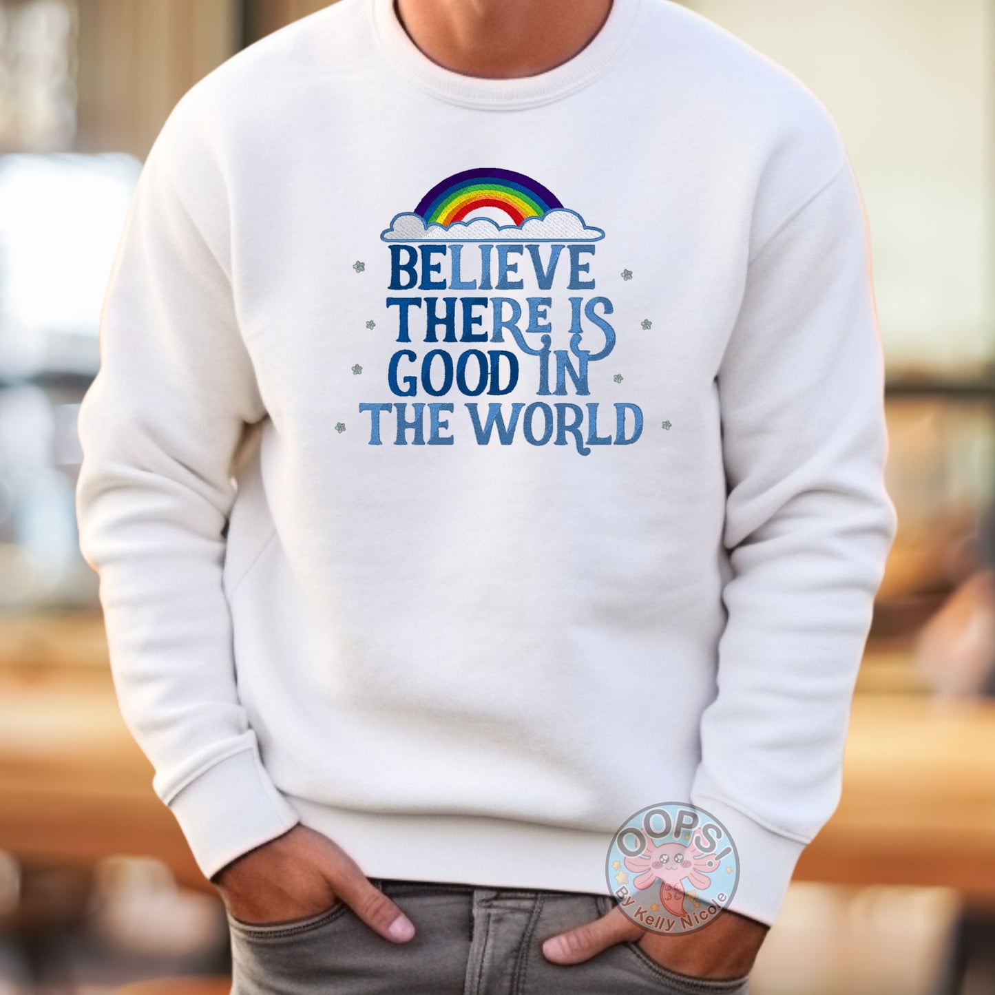 Embroidered “Be the Good” Inspirational Unisex Sweatshirt in White.  Order yours today at https://oopsbykellynicole.com.