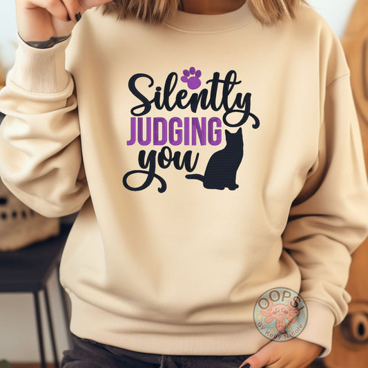 Embroidered "Silently Judging You" Cat Lover Unisex Pullover