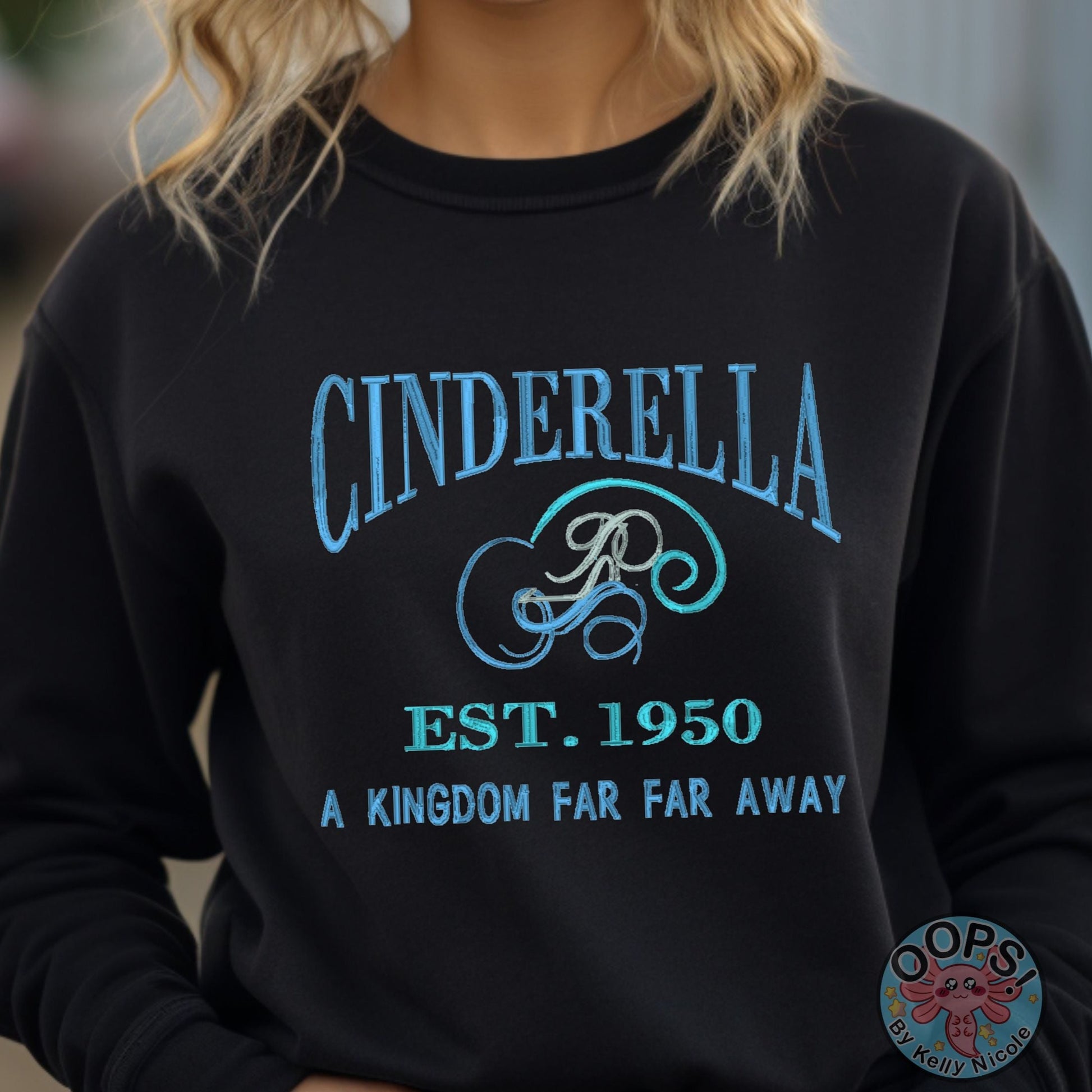 “Cinderella”  Disney Princess  Embroidered  Heavyweight Unisex Sweatshirt in BLACK.  Shop online today to get yours at HTTPS://OOPSBYKELLYNICOLE.COM 