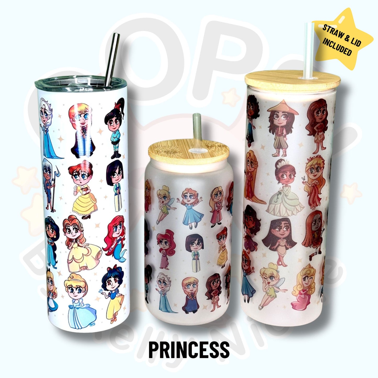 PRINCESS Custom Drinkware.  20 oz, 16 oz Frosted glass or 20 oz stainless Steel Insulated Coffee Tumbler for daily use or Gift.