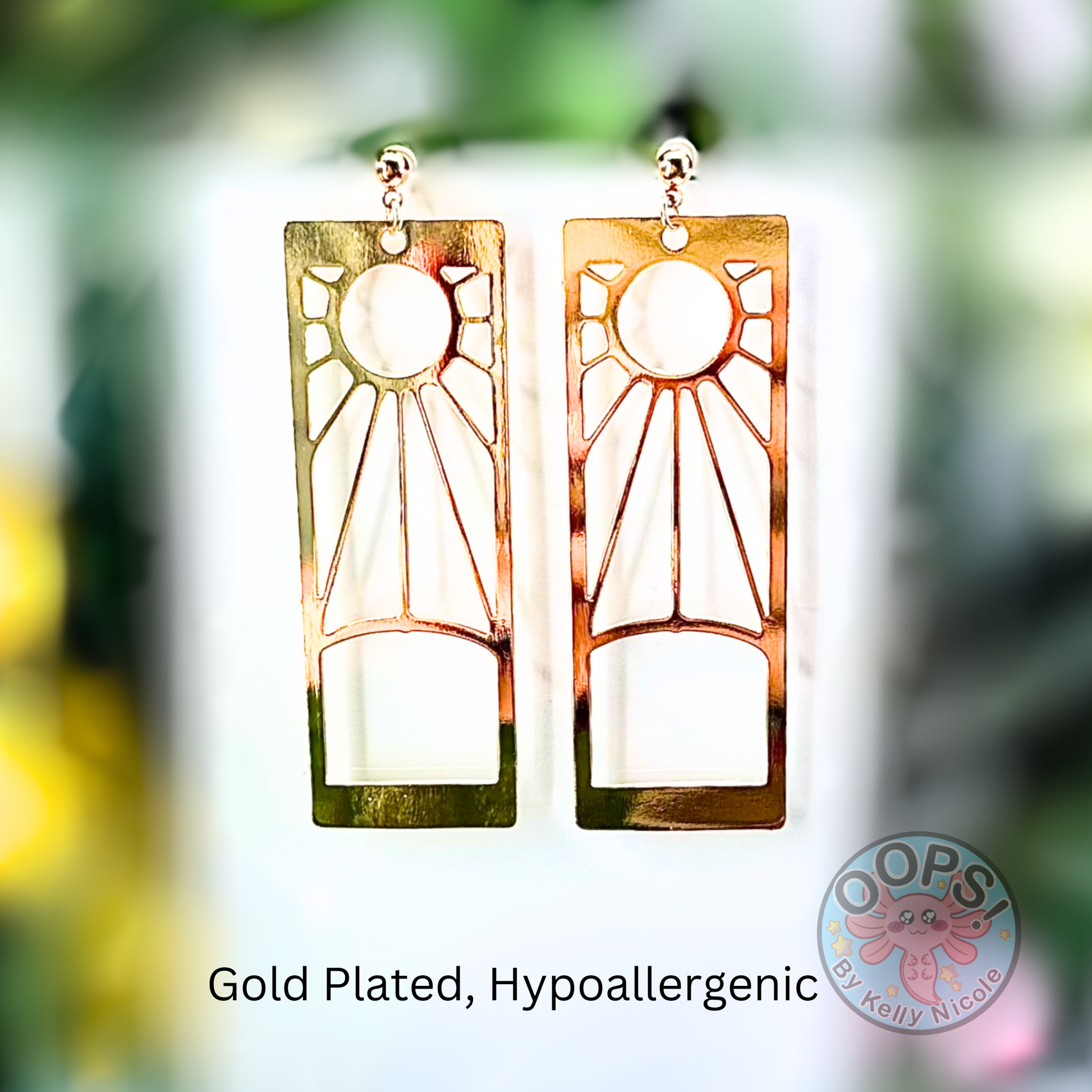 Rising Sun Gold Statement Earrings, Anime Demon Slayer Jewelry, Hanafuda hand-assembled Gold Plated Drop Earrings.  Shop online today to get yours at HTTPS://OOPSBYKELLYNICOLE.COM