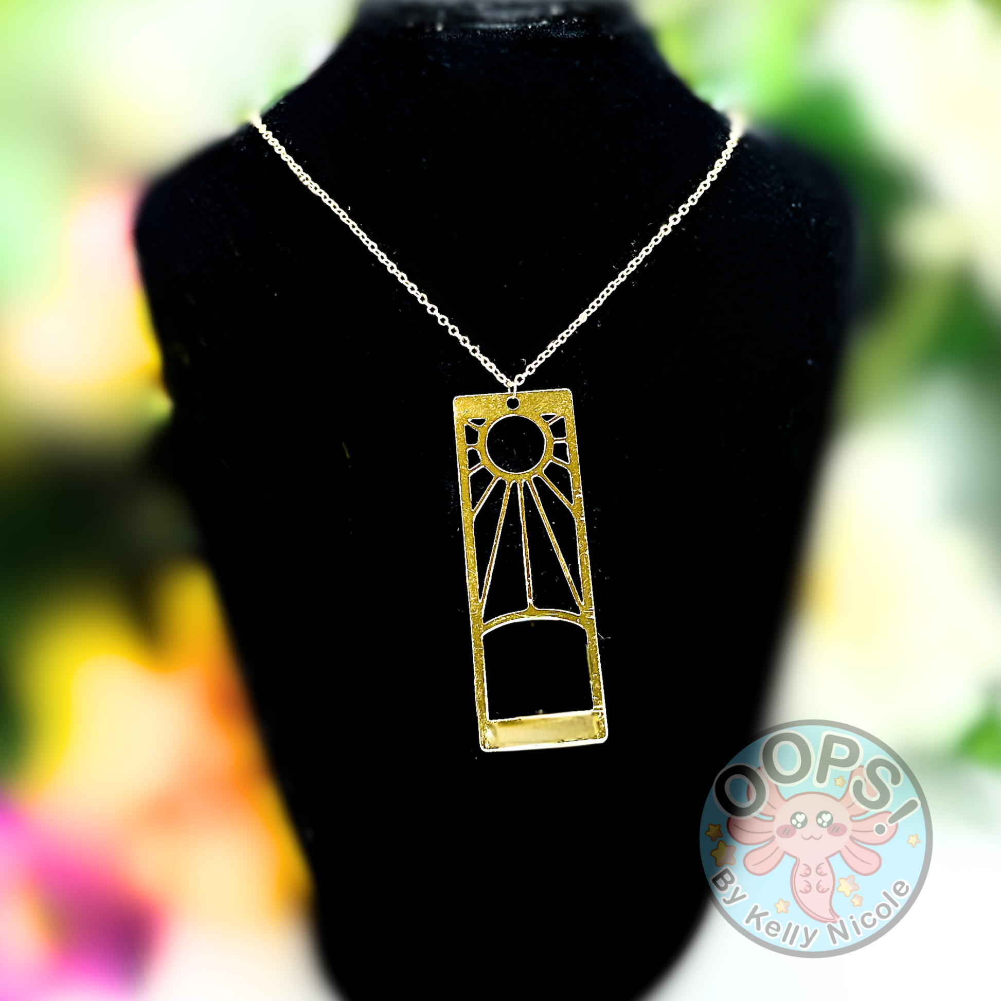 Rising Sun Gold Statement Pendant, Anime Demon Killer Jewelry, Hanafuda hand-assembled and Gold Plated, 21” chain necklace included. Perfect for work, Cosplay or Memorable Gift  Shop online today to get yours at HTTPS://OOPSBYKELLYNICOLE.COM