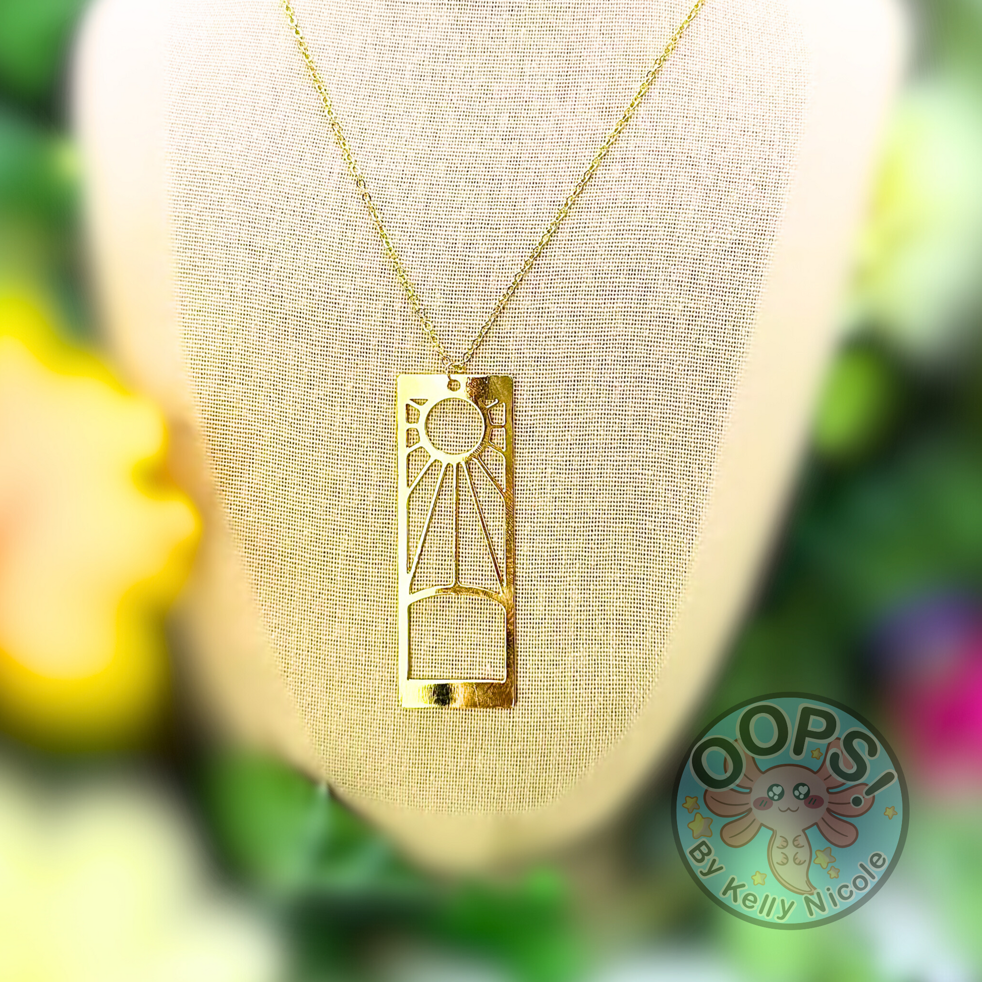 Rising Sun Gold Statement Pendant, Anime Demon Slayer Jewelry, Hanafuda hand-assembled Gold Plated 21” chain necklace. 002 Shop online today to get yours at HTTPS://OOPSBYKELLYNICOLE.COM