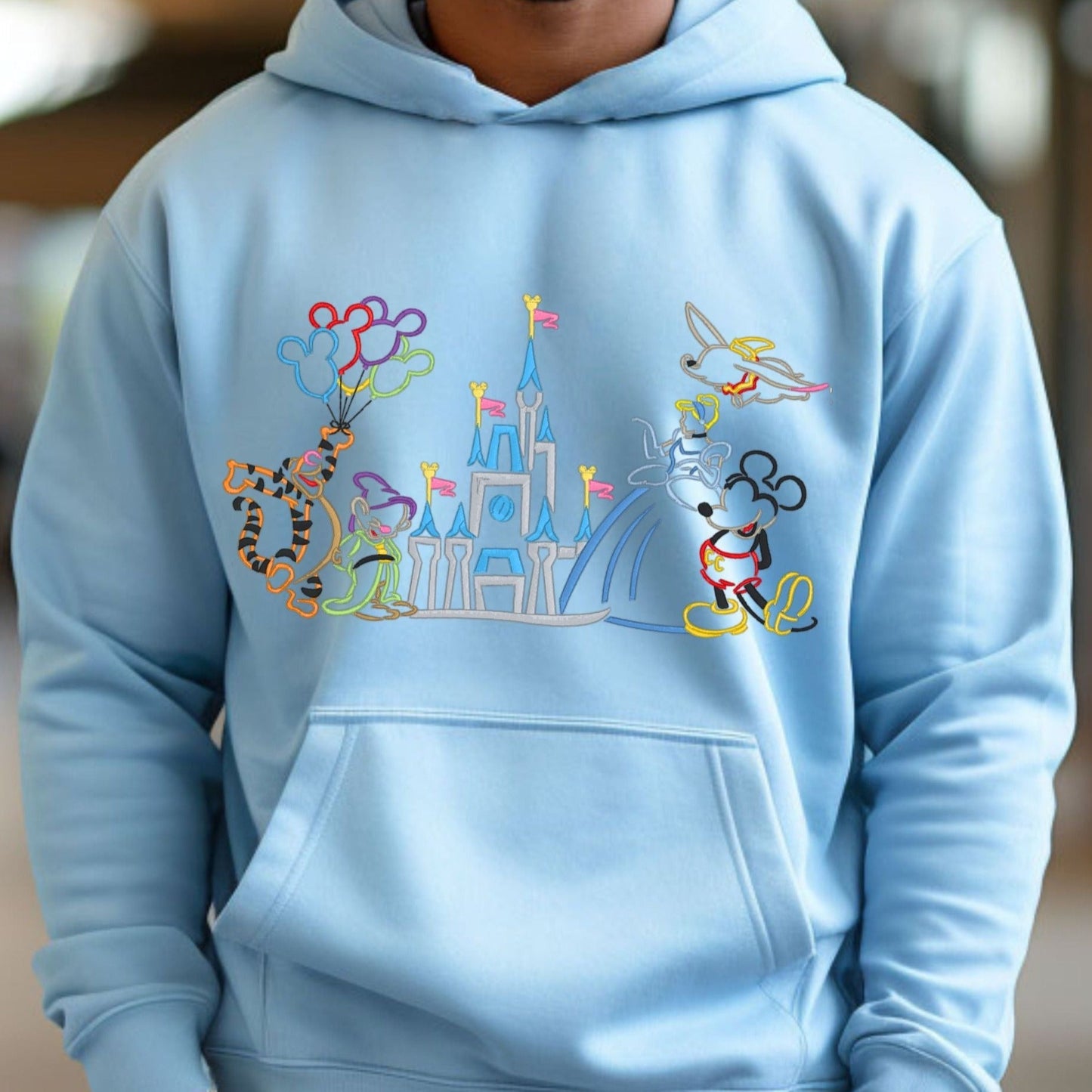 Disney Park Castle, Mickey, Pooh, Cinderella and Friends Shirt.  Embroidered Heavyweight Unisex Hoodie in Blue.  Shop online today to get yours at HTTPS://OOPSBYKELLYNICOLE.COM 