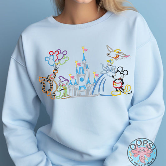 Disney Park Castle, Mickey, Pooh, Cinderella and Friends,   Embroidered Heavyweight Unisex Sweatshirt in Blue.  Shop online today to get yours at HTTPS://OOPSBYKELLYNICOLE.COM 