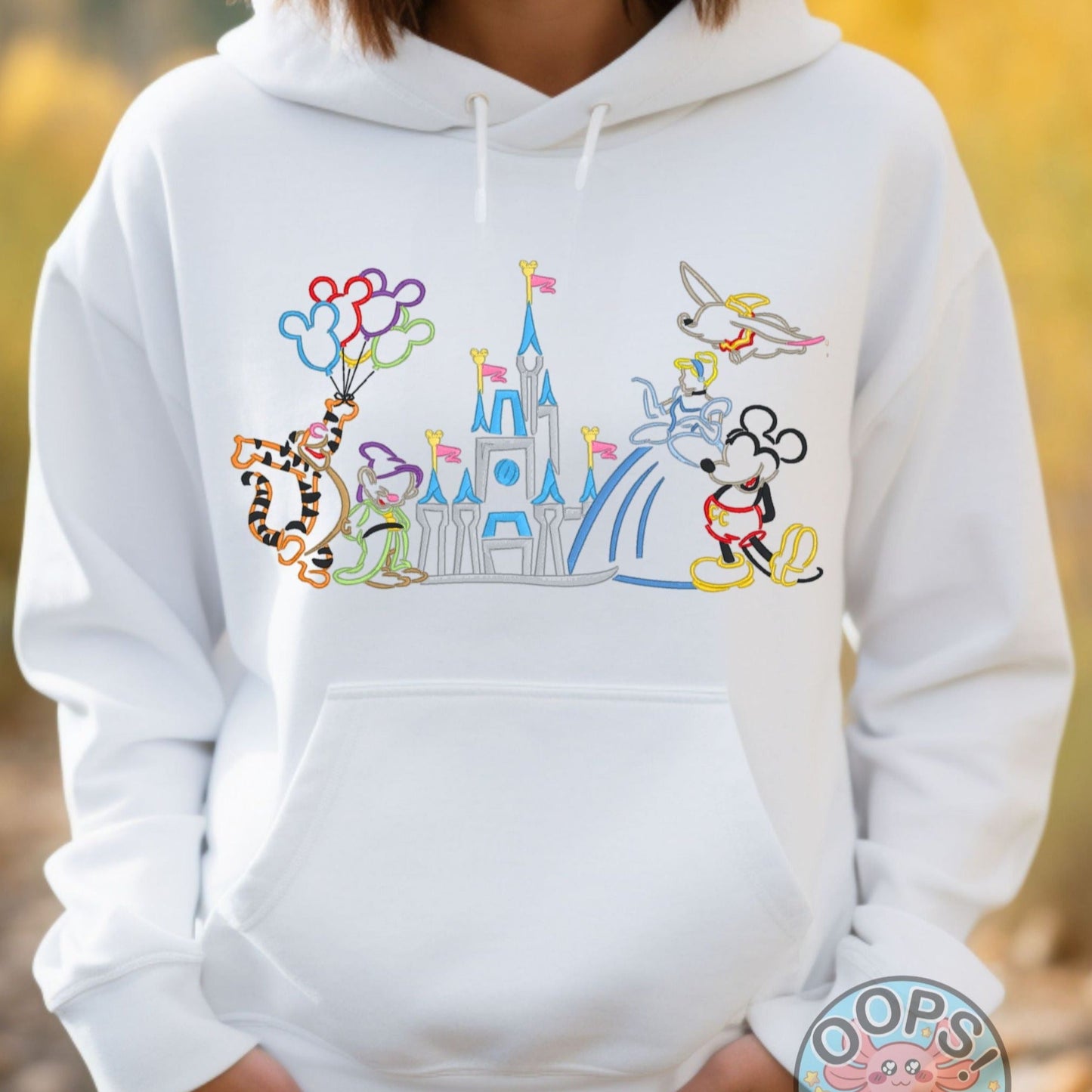 Disney Park Castle, Mickey, Pooh, Cinderella and Friends Shirt.  Embroidered Heavyweight Unisex Hoodie in White.  Shop online today to get yours at HTTPS://OOPSBYKELLYNICOLE.COM 