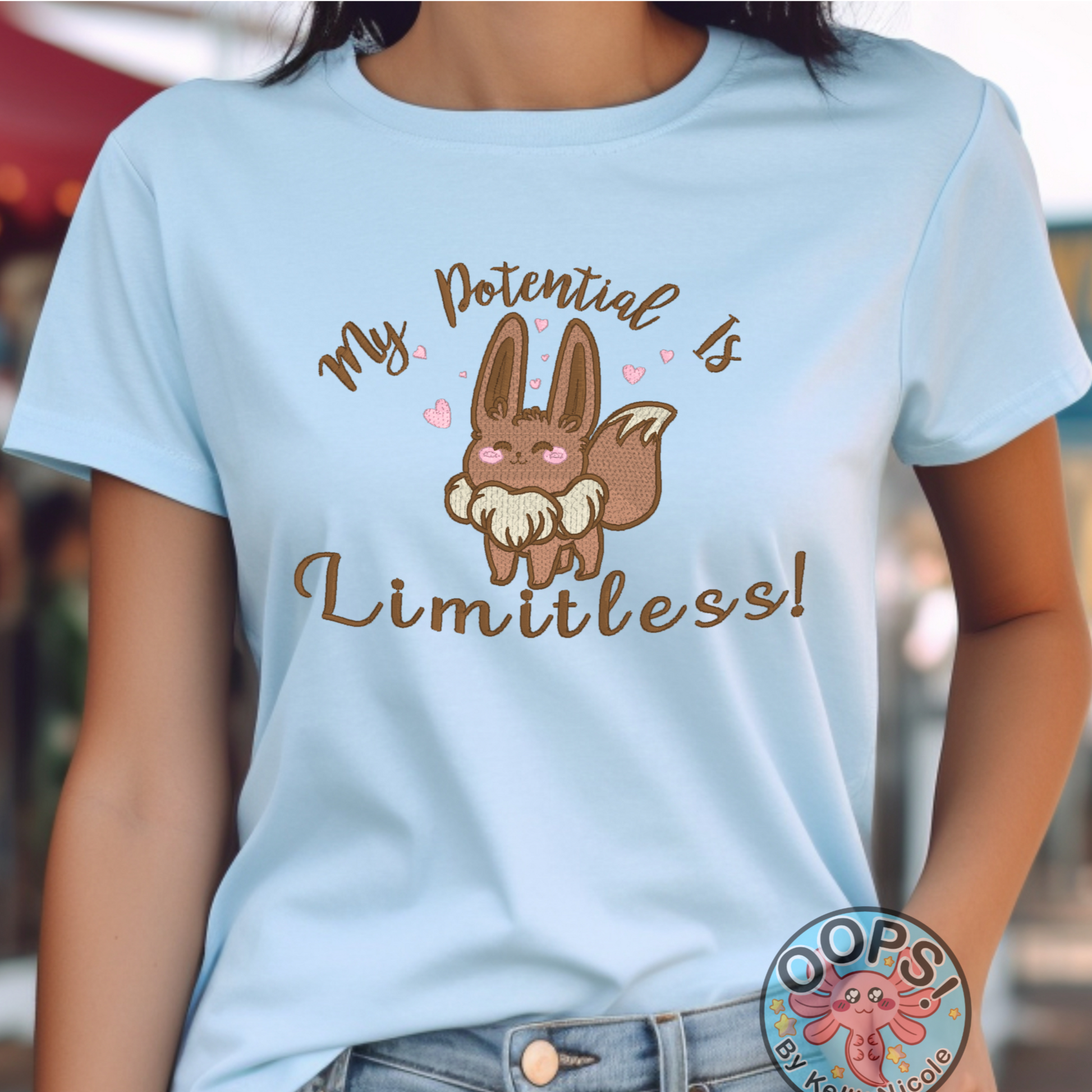  Pokemon Go Eevee-lution Shirt.  “My Potential is Limited” Embroidered Evee Heavyweight Unisex Comfort Colors T-shirt in Light Blue. Order yours today at oopsbykellynicole.com