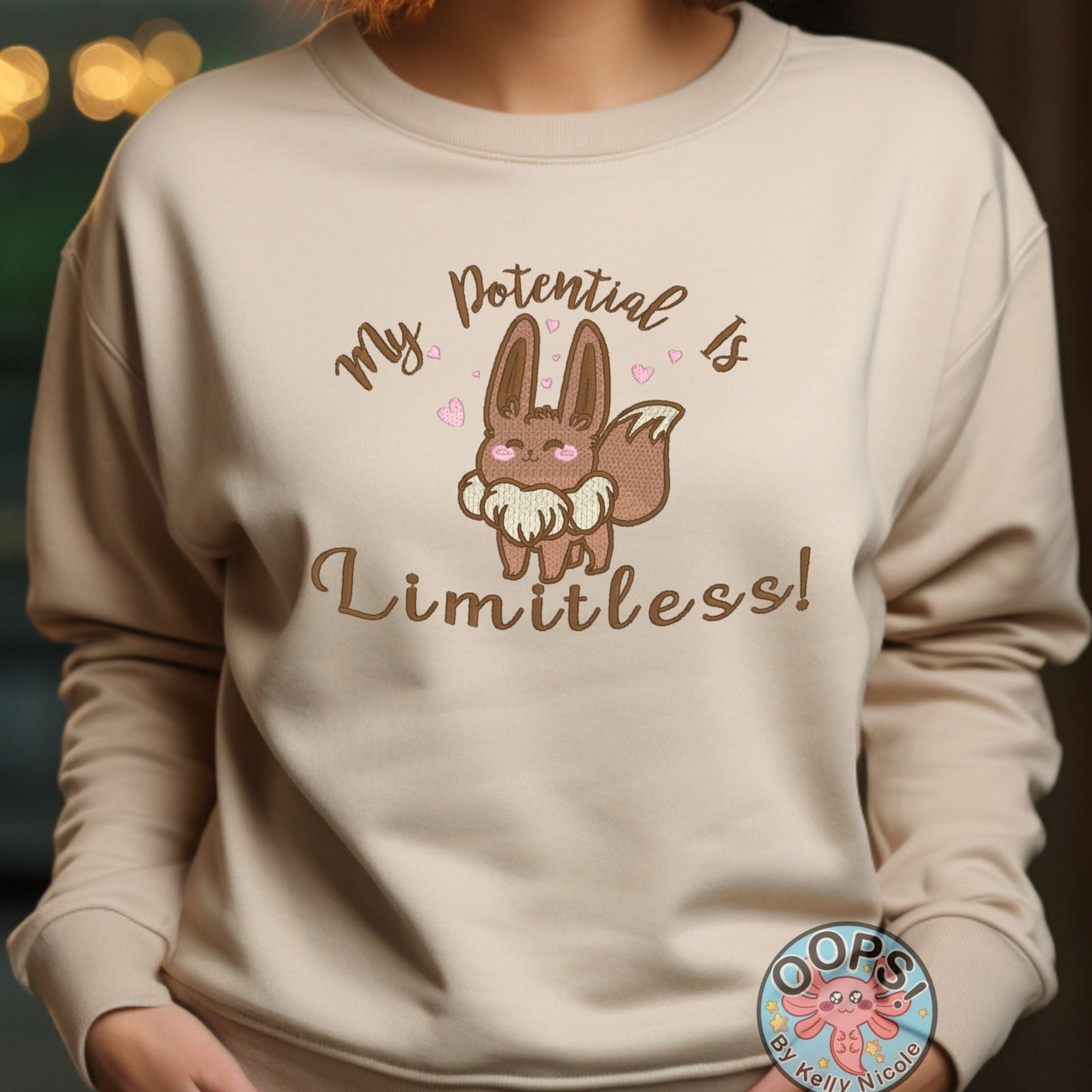 Pokemon Go Eevee-lution Shirt.  “My potential is Limited” Embroidered Evee heavyweight Sweatshirt in Sand . Order  today at Oopsbykellynicole.com