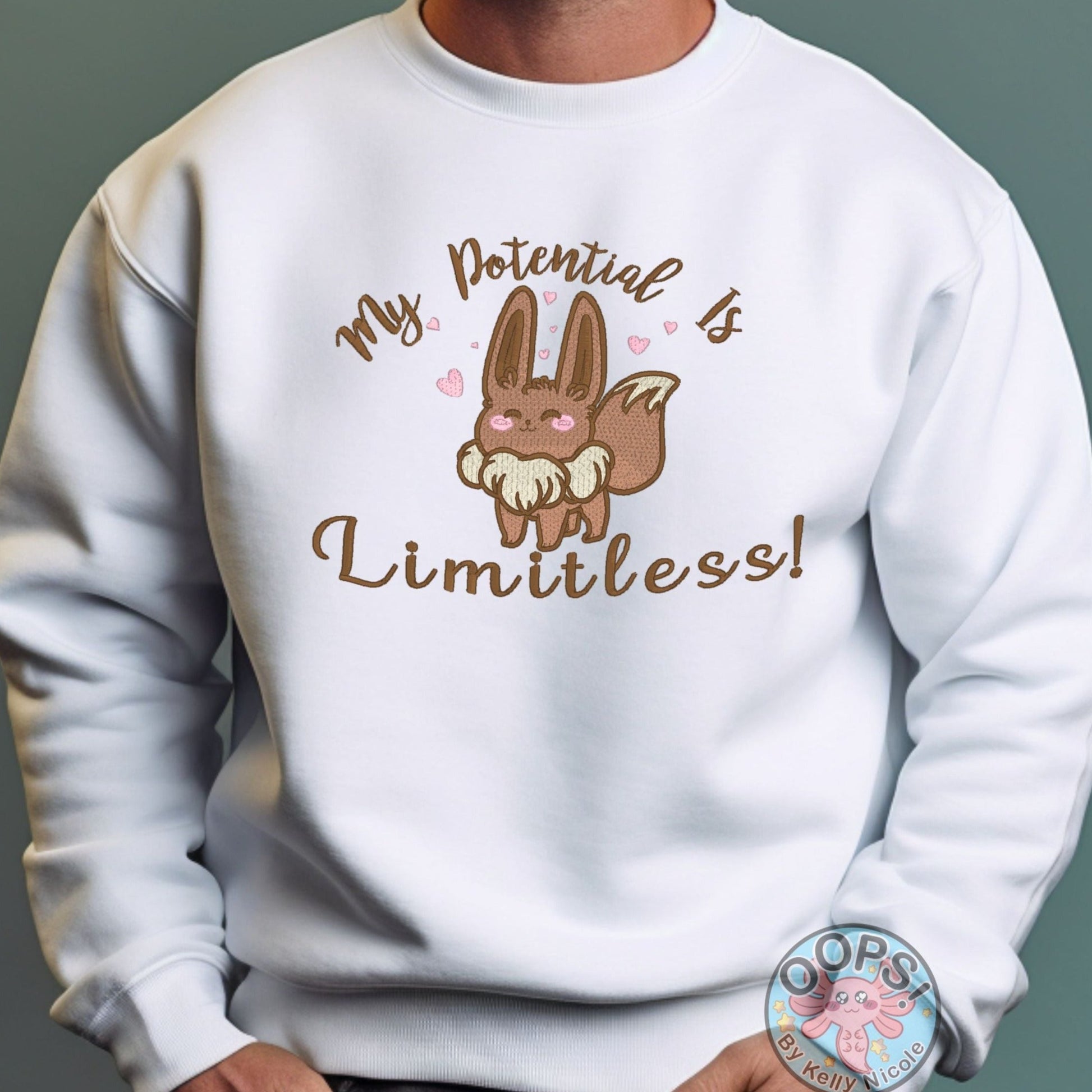  Pokemon Go Eevee-lution Shirt.  “My Potential is Limited” Embroidered Evee Heavyweight Unisex Sweatshirt in white . Order  today at oopsbykellynicole.com