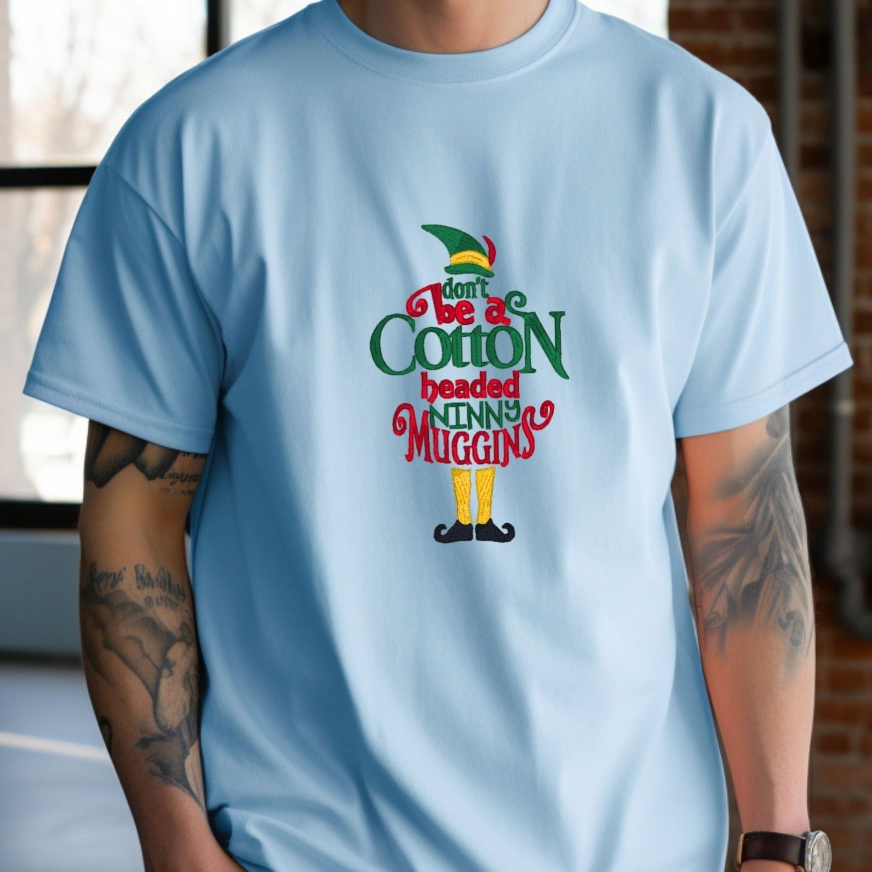 Christmas "ELF - Don't Be a Cotton Headed Ninny Muggins"Embroidered Heavyweight Unisex Comfort Colors T-shirt iN BLUE Shop online today to get yours at HTTPS://OOPSBYKELLYNICOLE.COM 