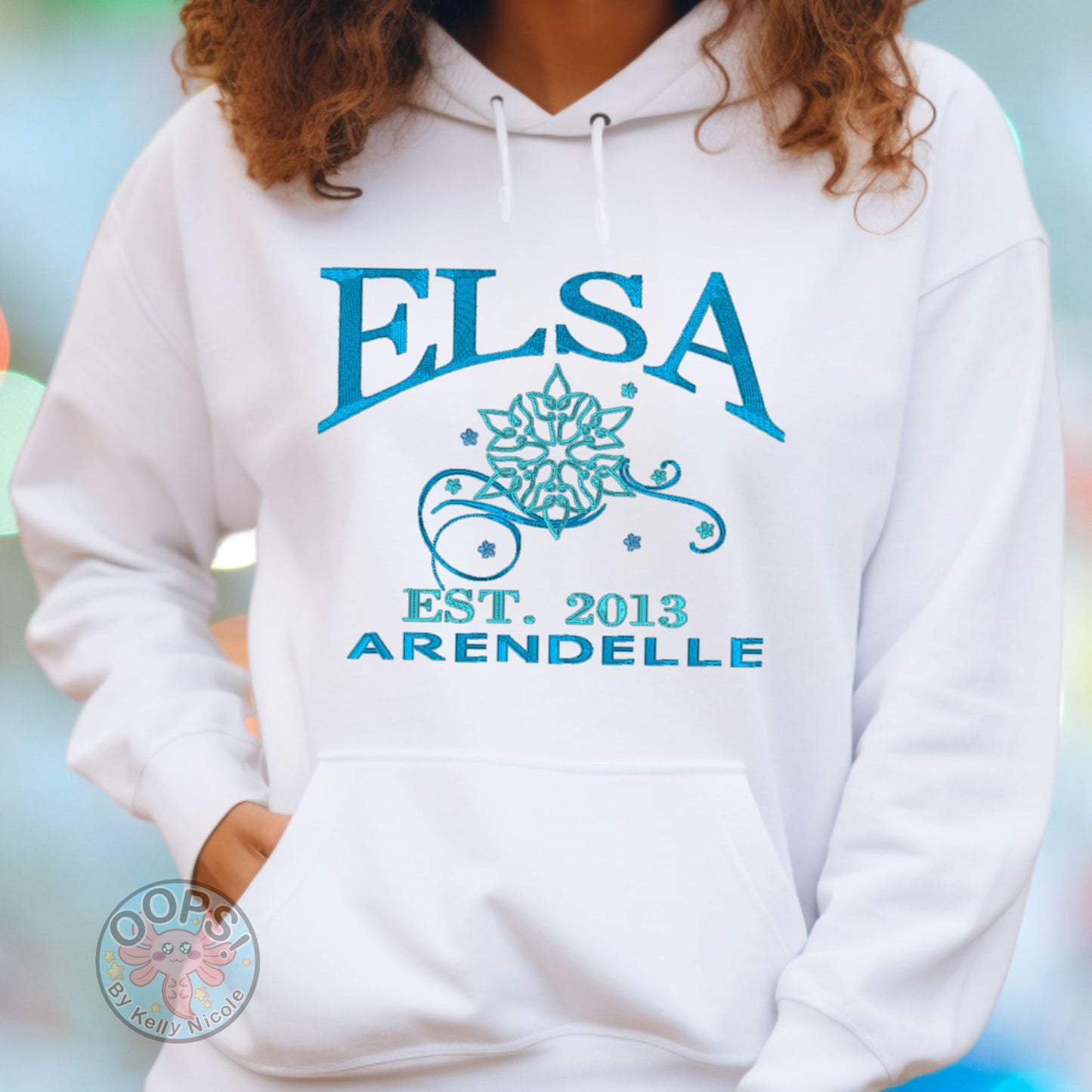 Embroidered Princess Elsa Disney Frozen Hoodie in white.  Order today at HTTPS://OOPSBYKELLYNICOLE.COM