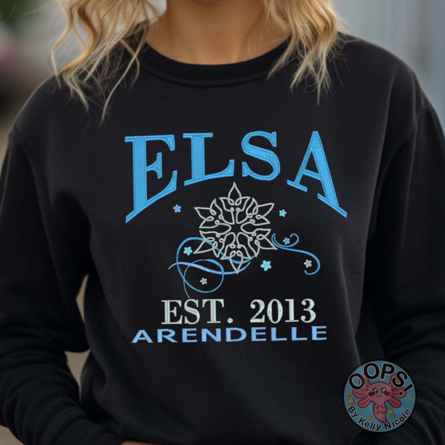 “ELSA” FROZEN Disney Princess Embroidered  Heavyweight Unisex Sweatshirt in BLACK.  Shop online today to get yours at HTTPS://OOPSBYKELLYNICOLE.COM 