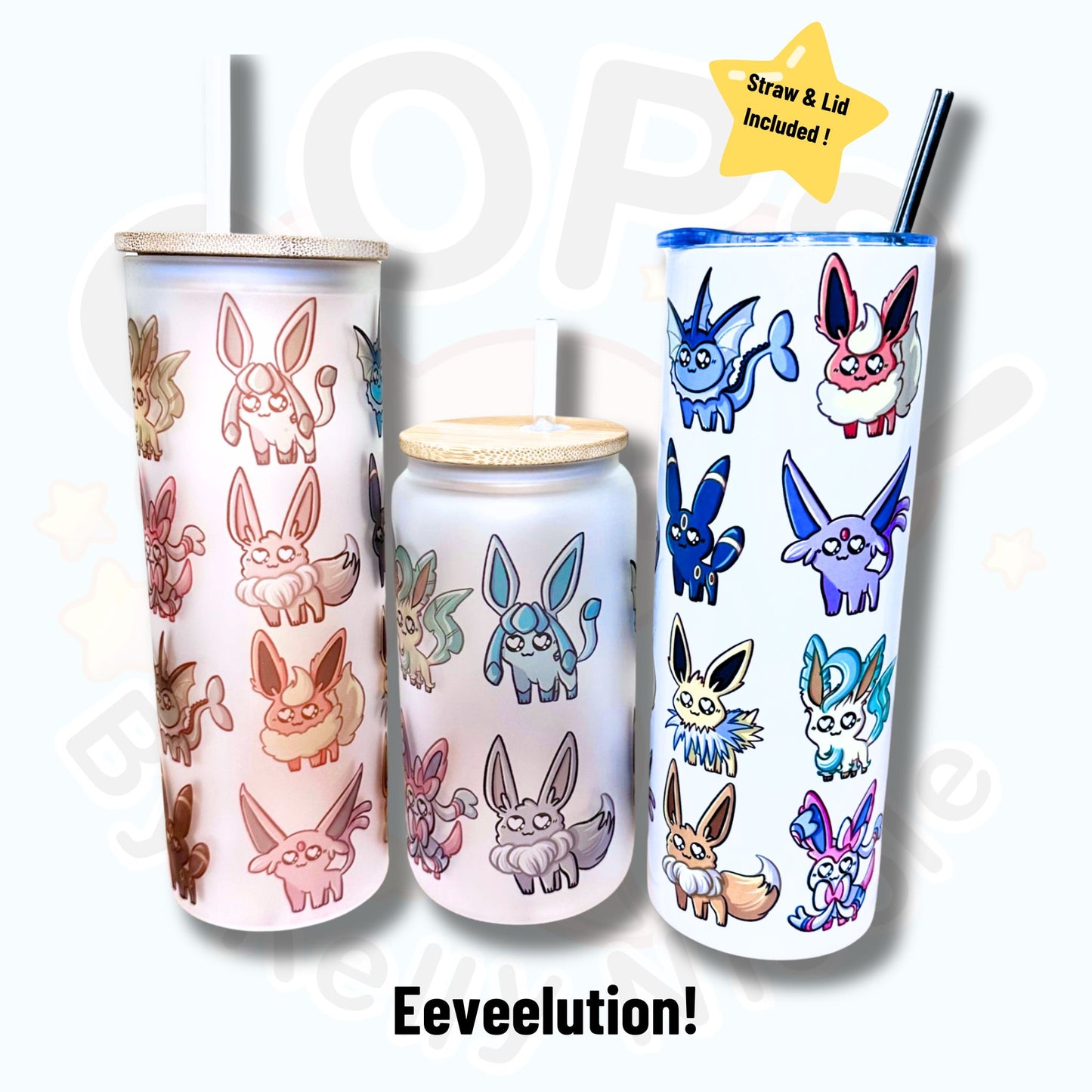 Vaso personalizado Pokemon Evee-lution. Vaso de café aislado de vidrio esmerilado o acero inoxidable de 20 oz, 16 oz para uso diario o regalo.