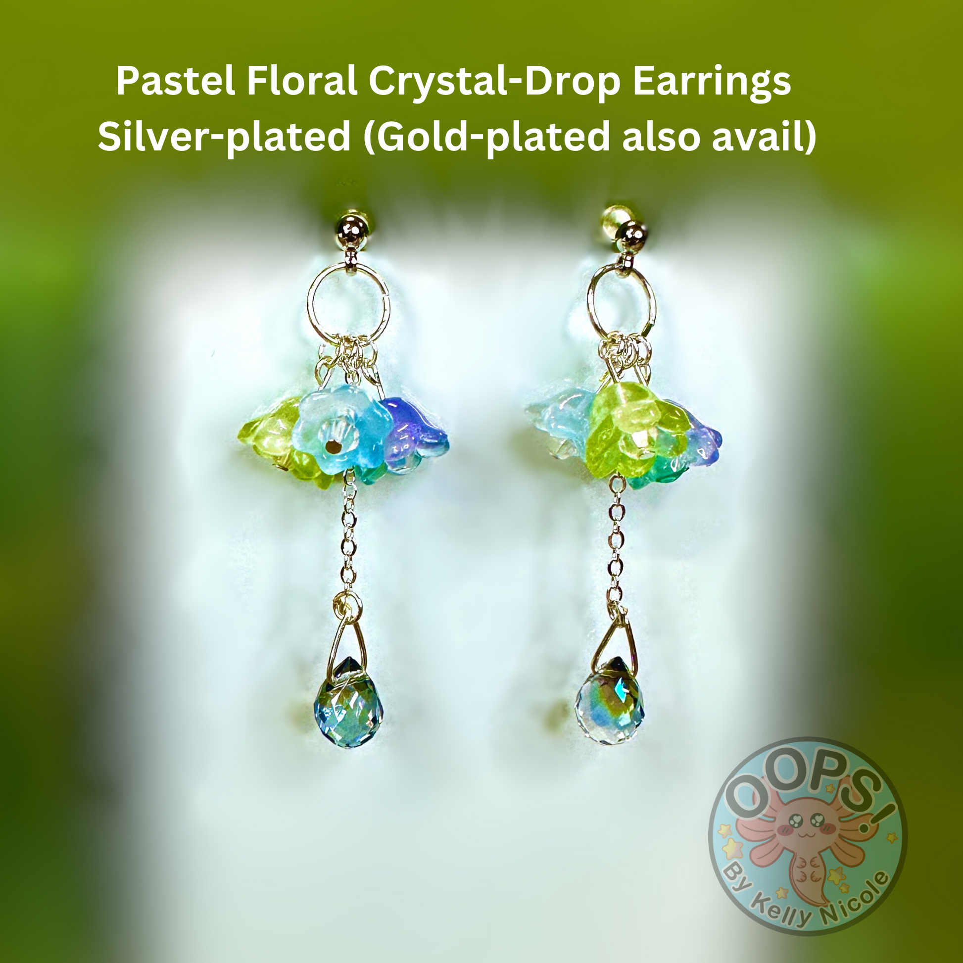  Pastel Floral earrings with large crystal Drop.  Silver-plated hypoallergenic posts. Lightweight and  perfect for home, work, party or memorable Gift.002 Shop online today to get yours at HTTPS://OOPSBYKELLYNICOLE.COM  1