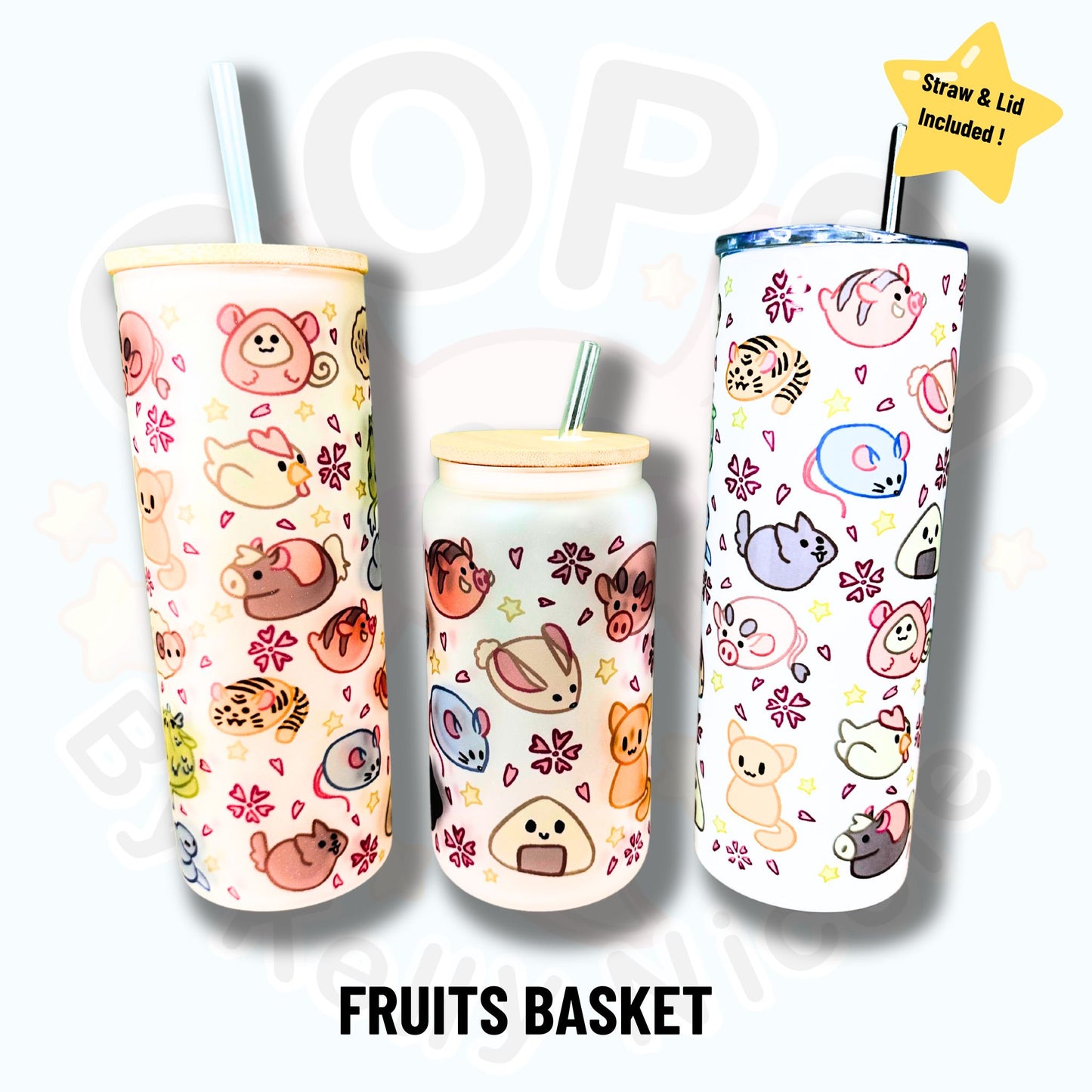 Fruits Basket Inspired Custom Tumbler.  20 oz, 16 oz Frosted glass or stainless Steel Insulated Coffee Tumbler for daily use or Gift.