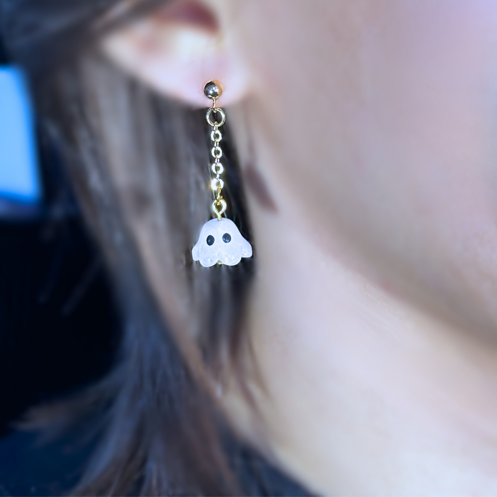 Ghost Drop Earrings choice of Silver or Gold-plated hypoallergenic posts. Lightweight and  perfect for home, work, party or memorable Gift. On model.Shop online today to get yours at HTTPS://OOPSBYKELLYNICOLE.COM 