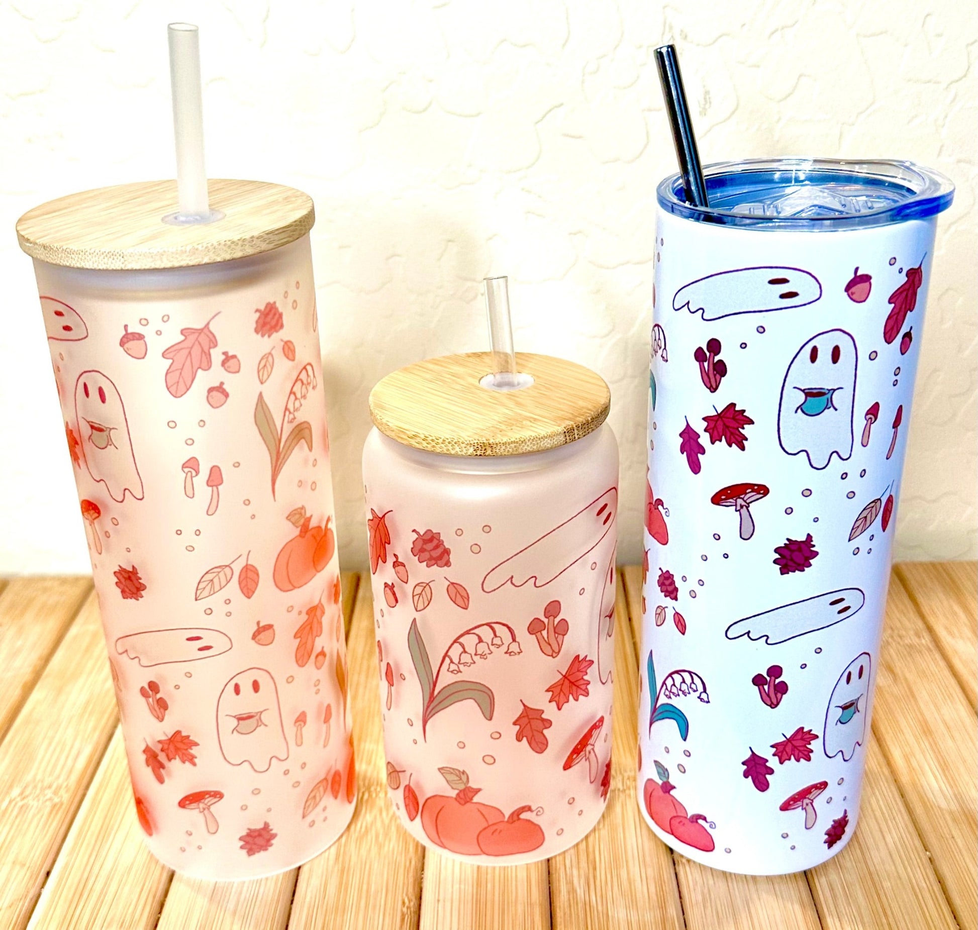 Custom designed Autumn Ghost,  FROSTED GLASS or INSULATED STAINLESS STEEL Sublimation TUMBLERS in 16 oz or 20 oz.  White background with Orange, Green Black design.  Lid and Straw Included. Shop online today to get yours at HTTPS://OOPSBYKELLYNICOLE.COM 002