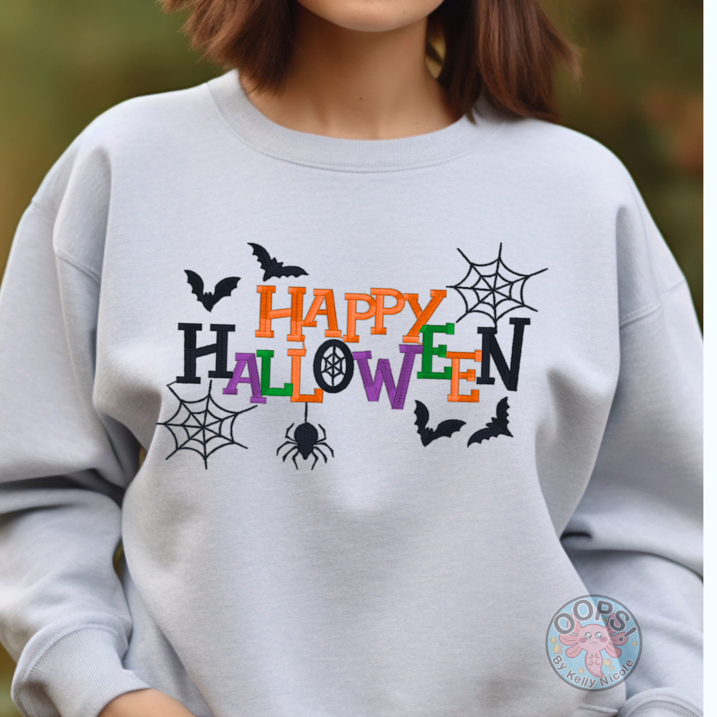 "Happy Halloween"  Embroidered Heavyweight Unisex Sweatshirt in ASH  Shop online today to get yours at HTTPS://OOPSBYKELLYNICOLE.COM 