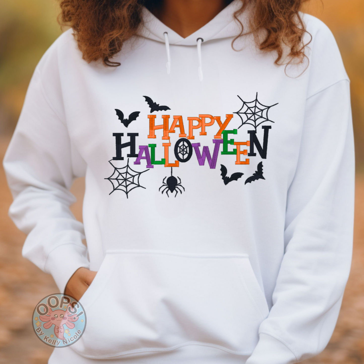 "Happy Halloween"  Embroidered Heavyweight Unisex Hoodie in WHITE.  Shop online today to get yours at HTTPS://OOPSBYKELLYNICOLE.COM 