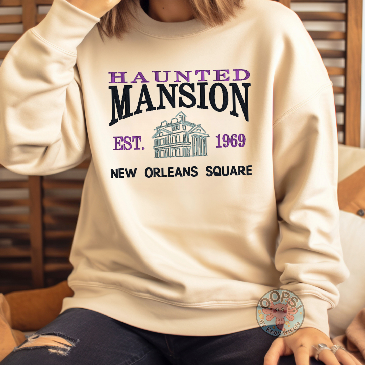 Disney “Haunted Mansion” Embroidered Fandom Shirt. Heavyweight Unisex Sweatshirt in Sand.  Shop online today to get yours at HTTPS://OOPSBYKELLYNICOLE.COM 