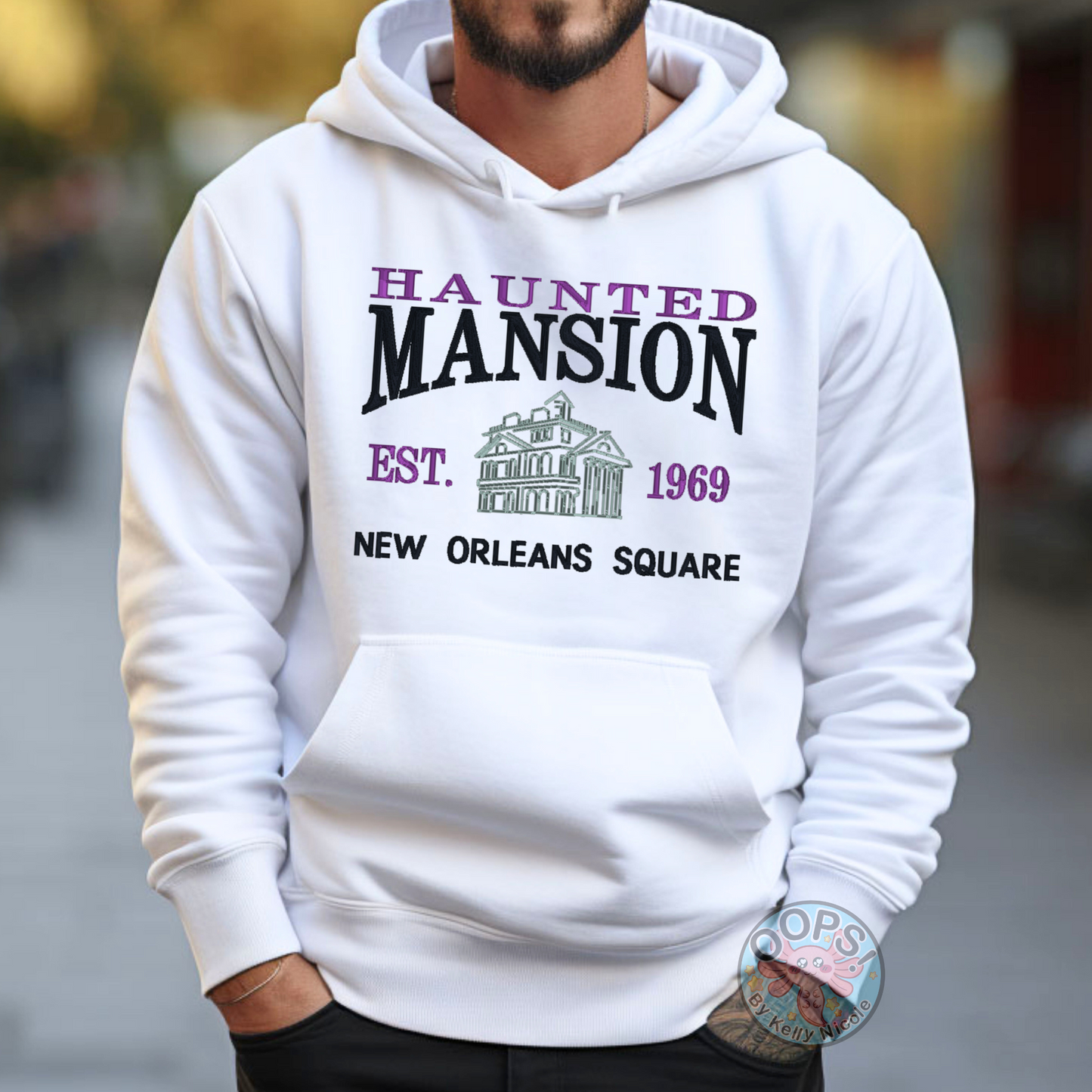 Disney “Haunted Mansion” Embroidered Fandom Shirt. Embroidered Heavyweight Unisex Hoodie in White.  Shop online today to get yours at HTTPS://OOPSBYKELLYNICOLE.COM 